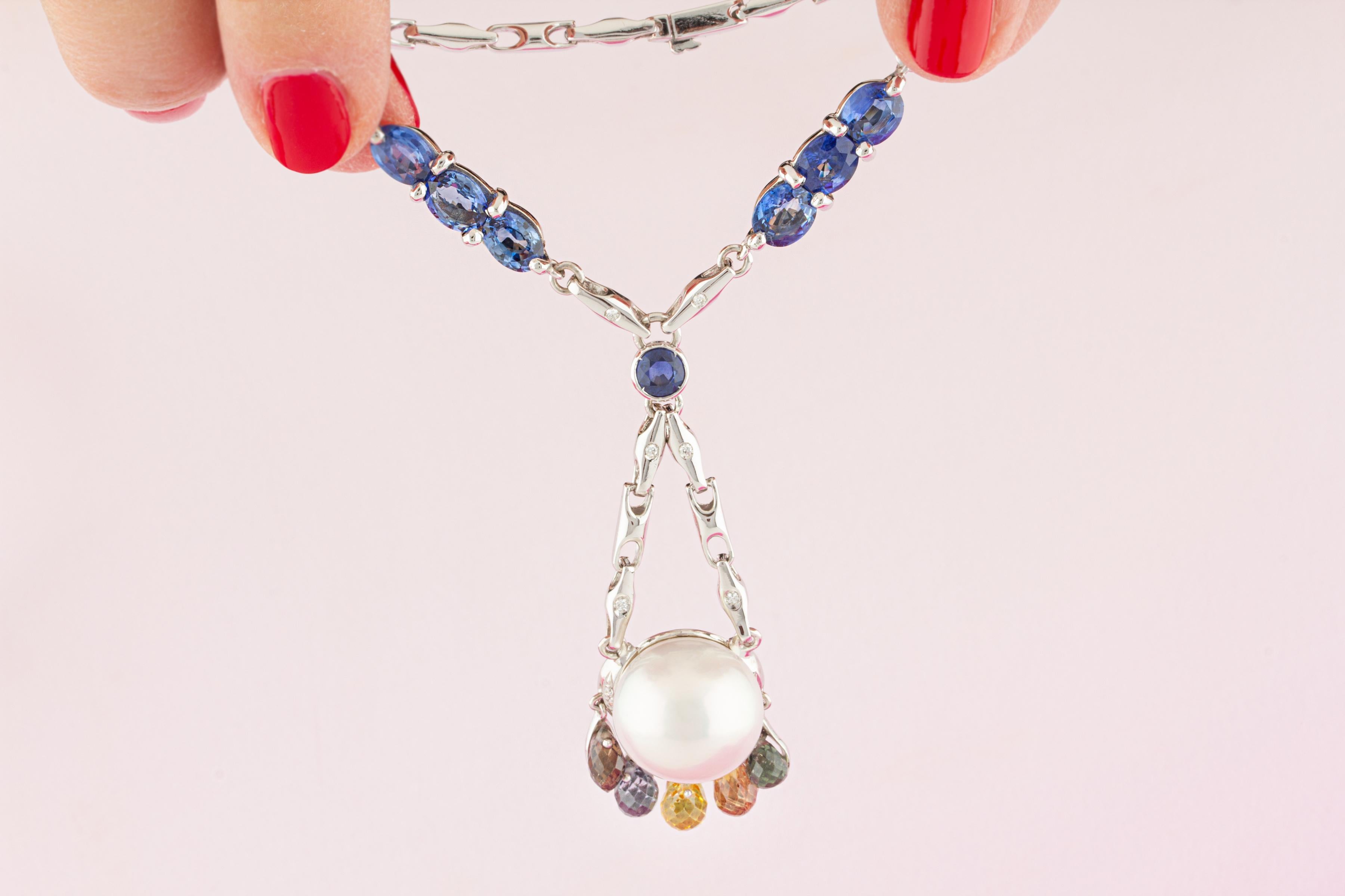 Ella Gafter Sapphire Diamond Pearl Pendant Necklace For Sale 1
