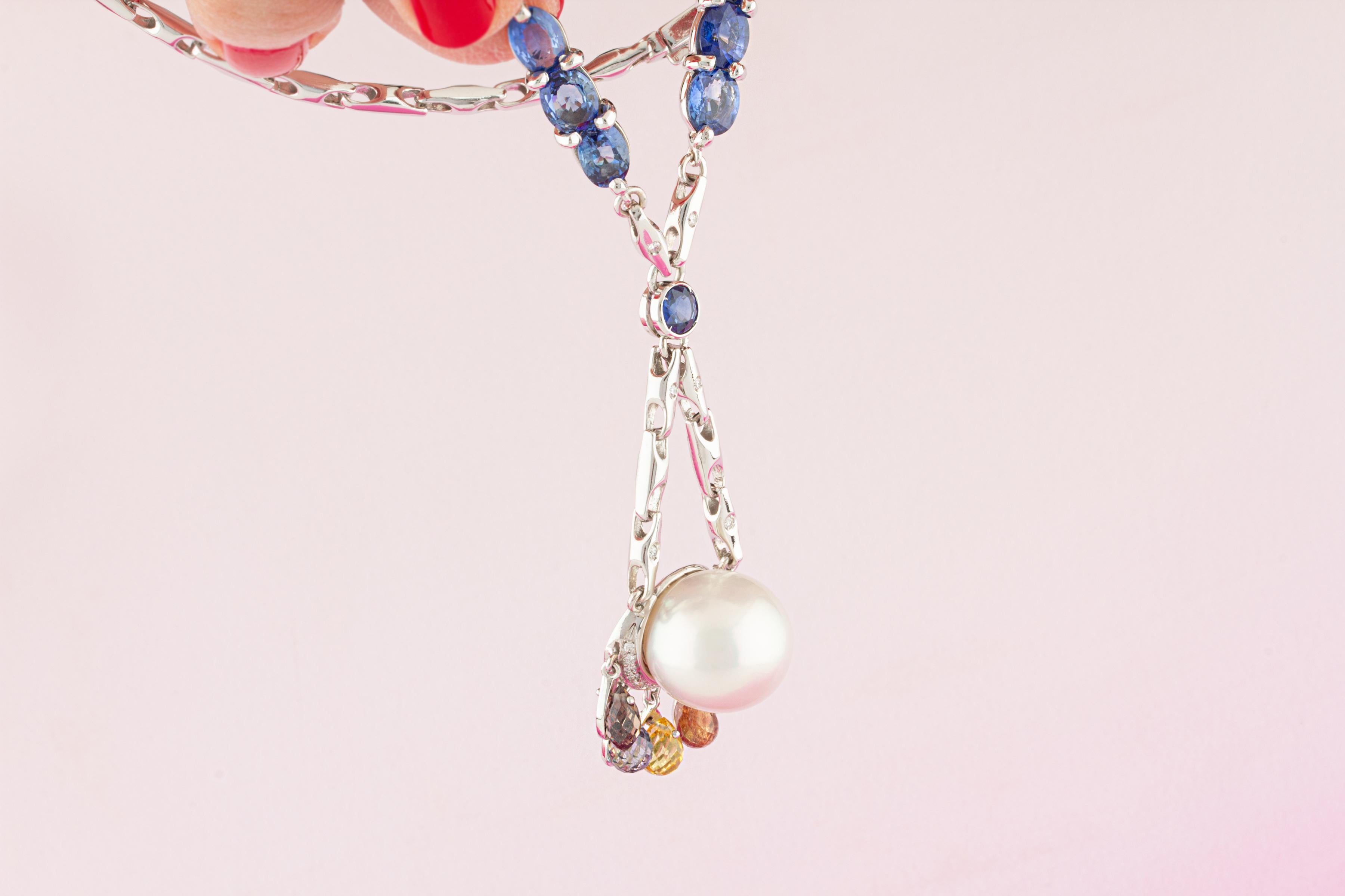 Ella Gafter Sapphire Diamond Pearl Pendant Necklace For Sale 2