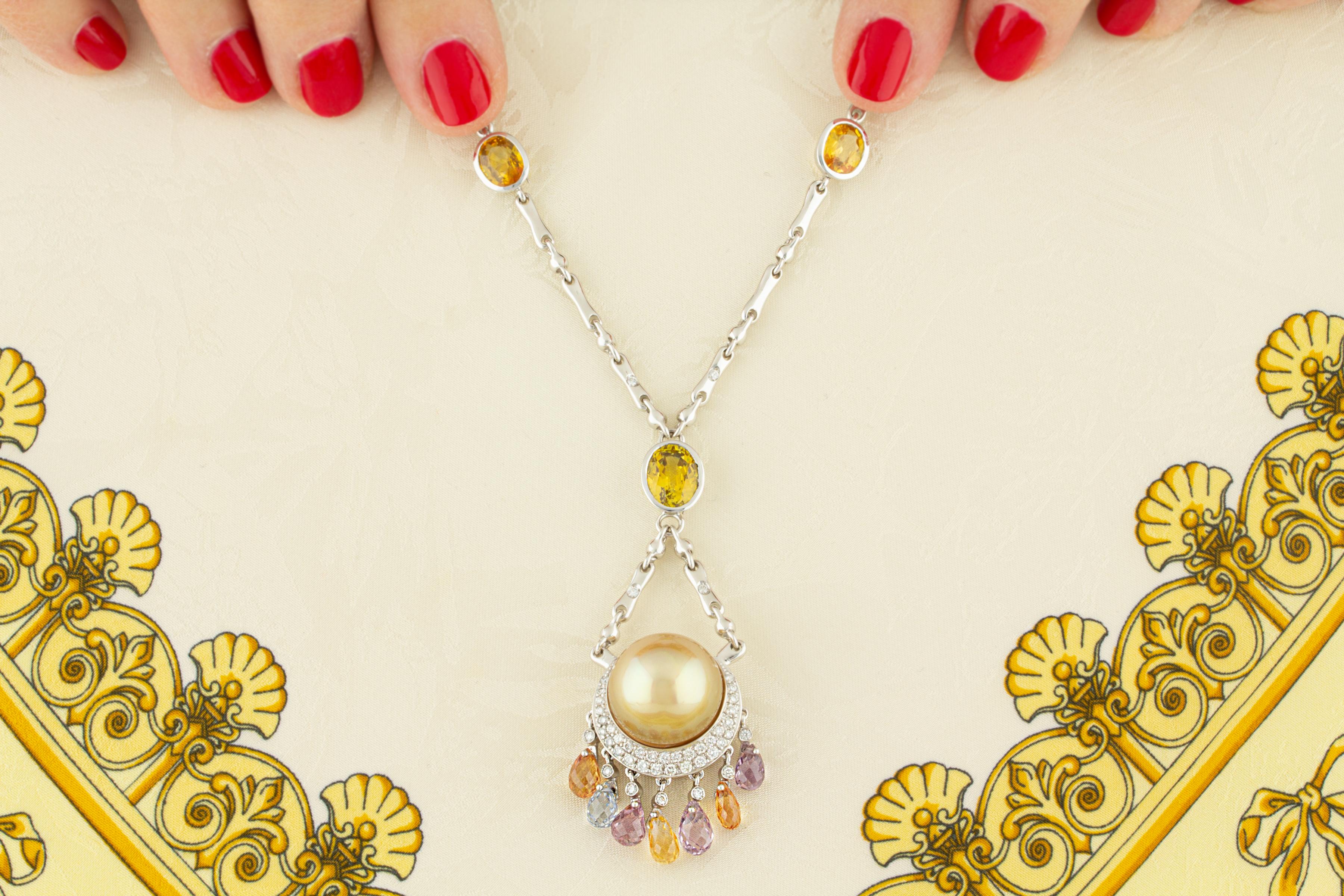 Artist Ella Gafter Sapphire Diamond South Sea Pearl Pendant Necklace For Sale