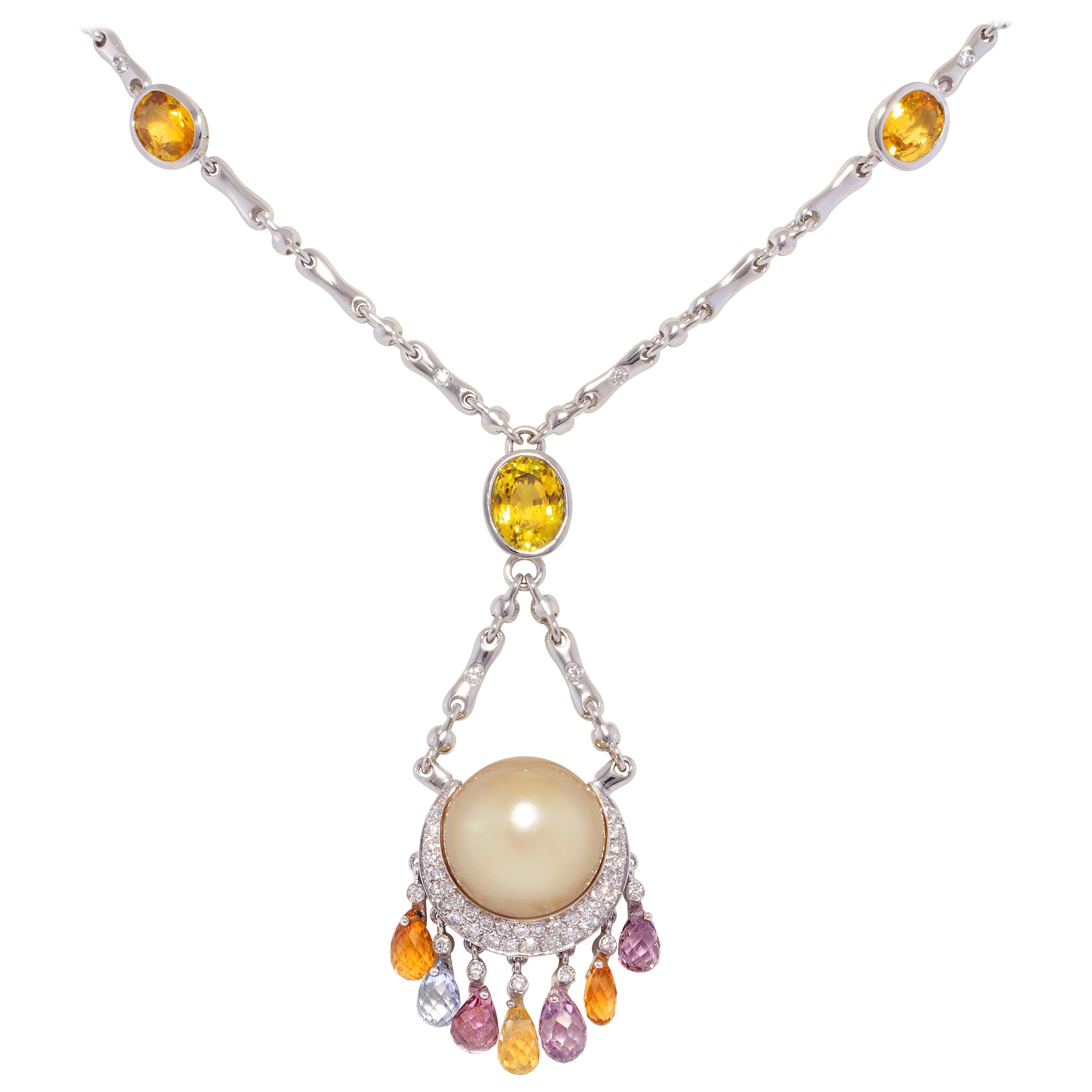 Ella Gafter Sapphire Diamond South Sea Pearl Pendant Necklace For Sale