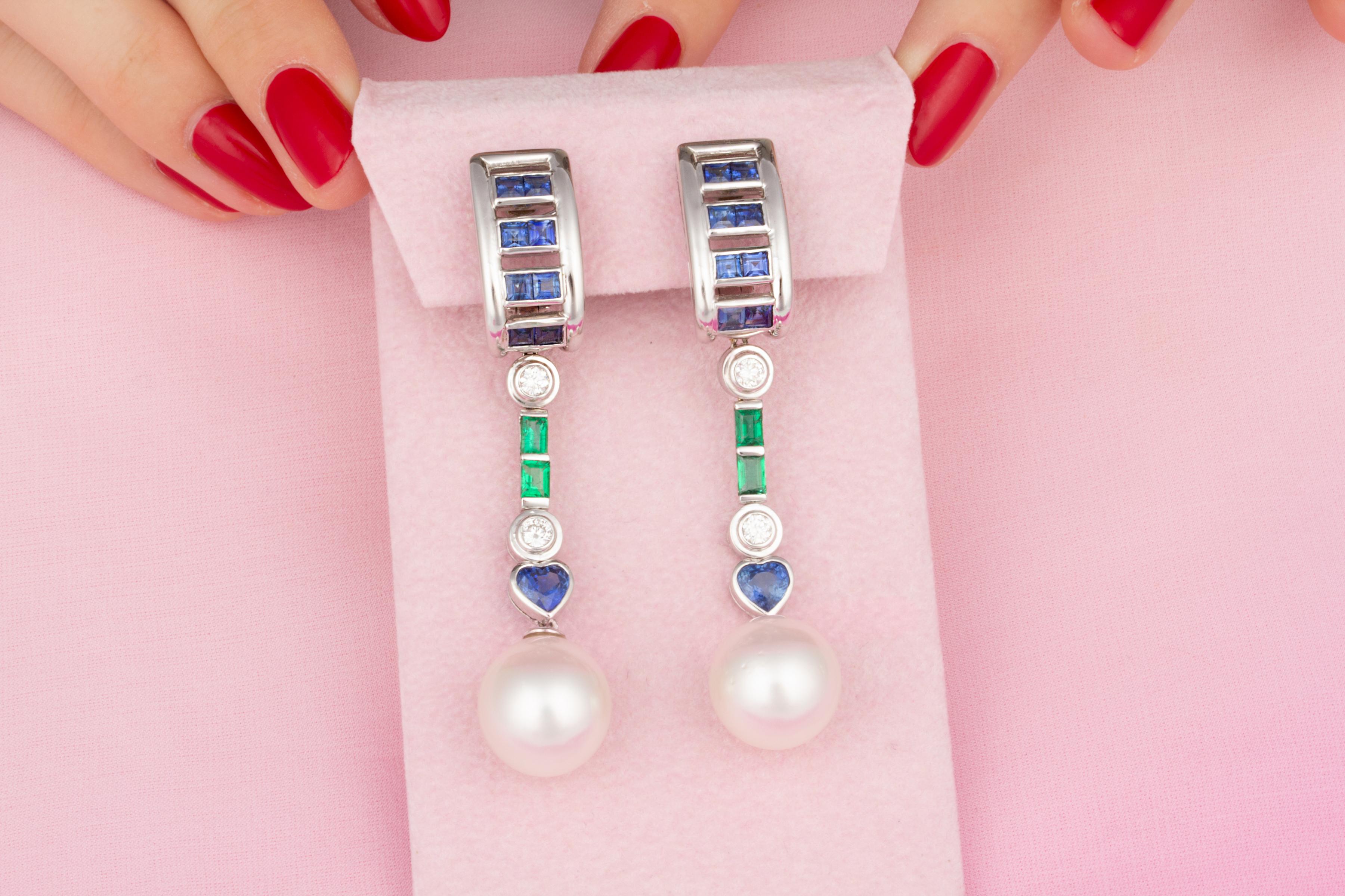 Heart Cut Ella Gafter Sapphire Emerald Pearl Diamond Earrings For Sale