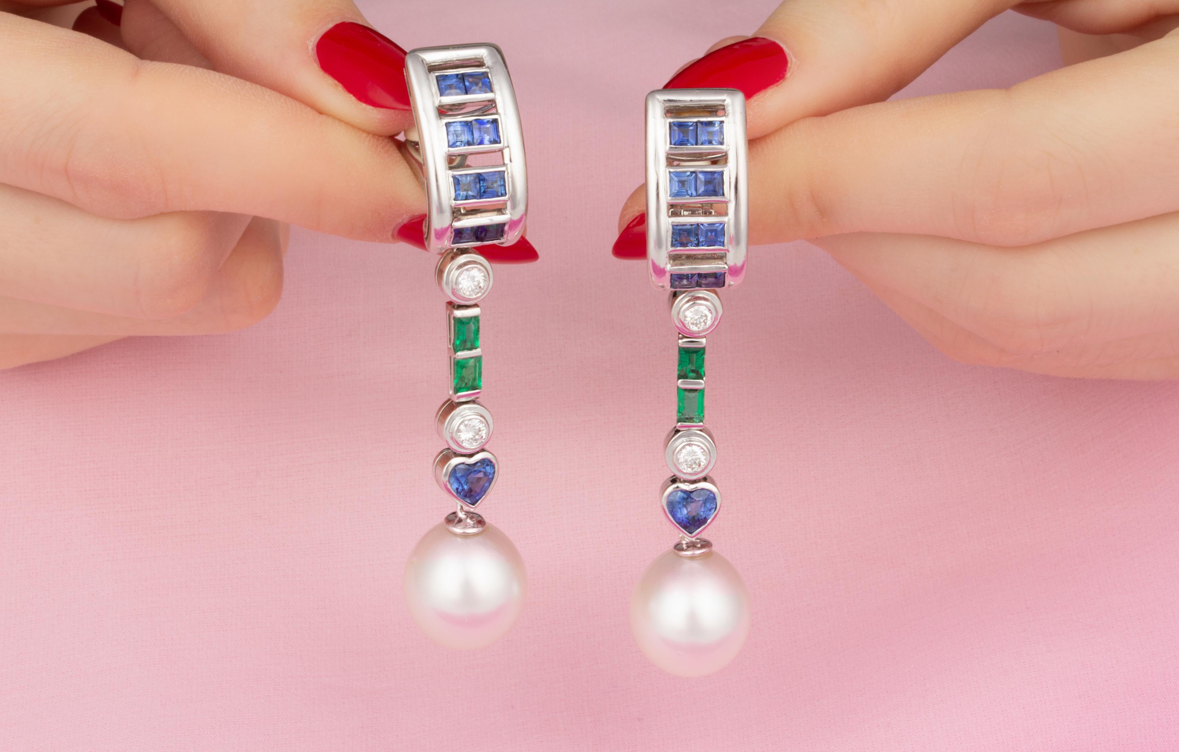 Women's Ella Gafter Sapphire Emerald Pearl Diamond Earrings For Sale