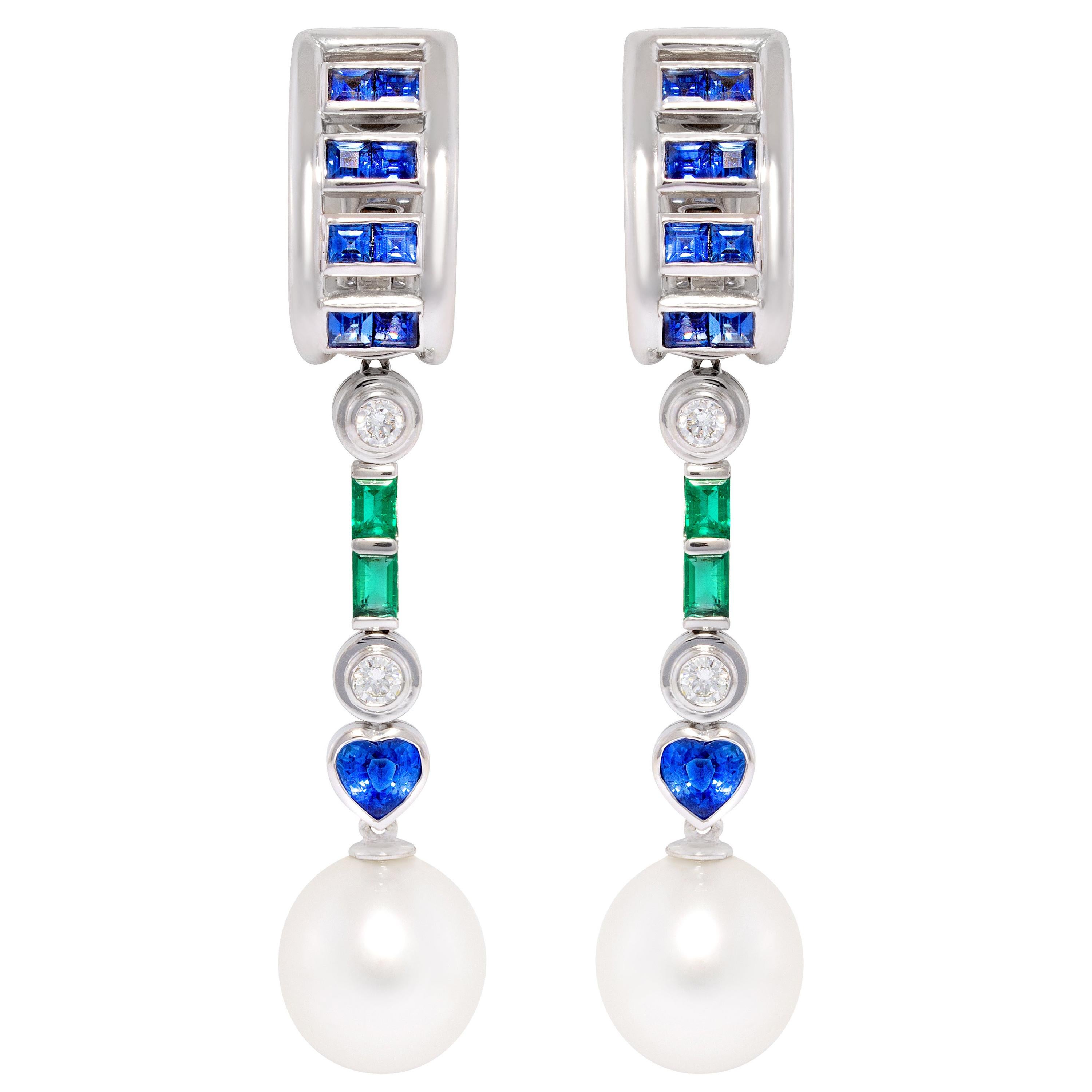 Sapphire Emerald Pearl Diamond Drop Earrings Design by Ella Gafter