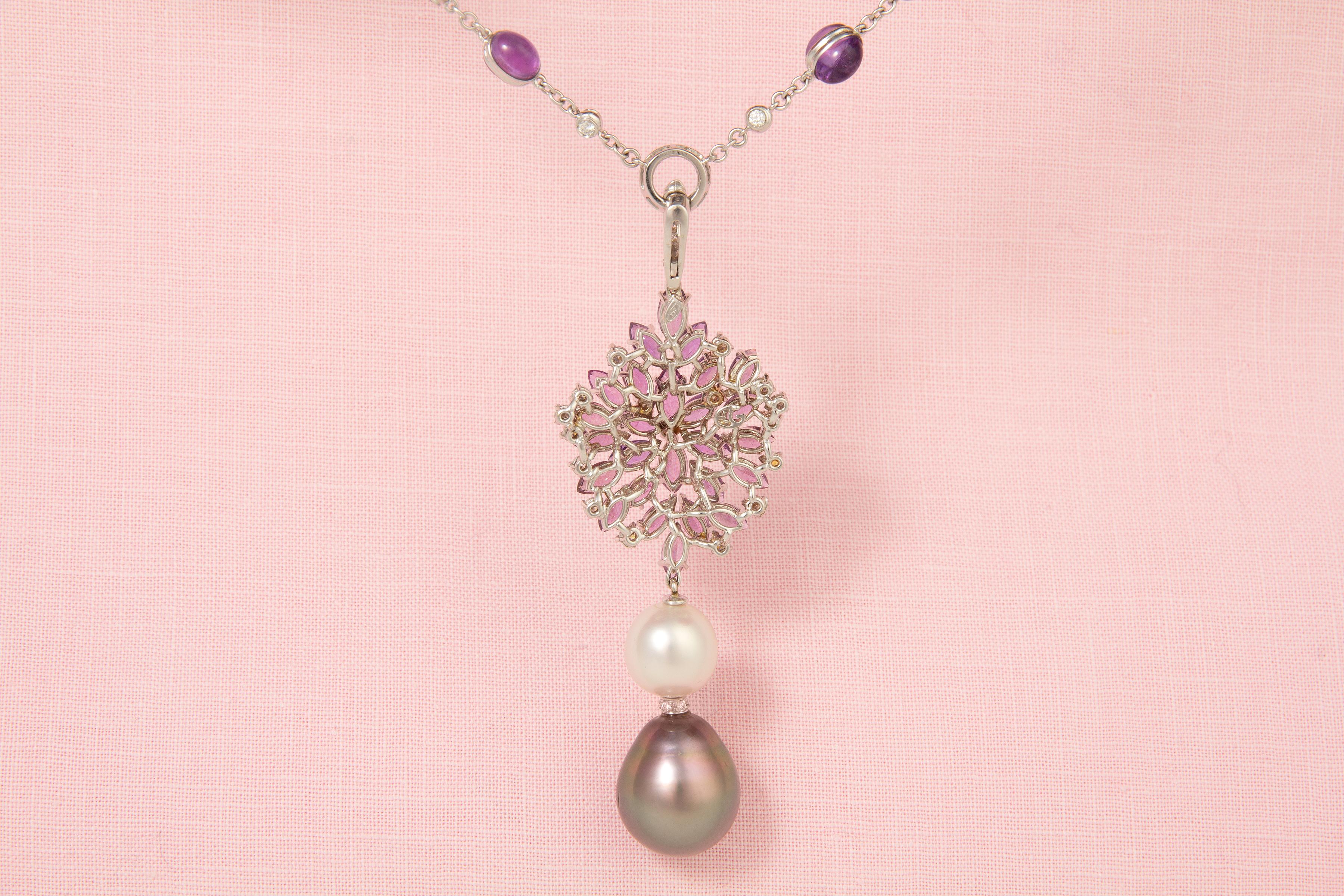 Artist Sapphire Lavender Necklace with Pearl and Diamonds Design by Ella Gafter For Sale