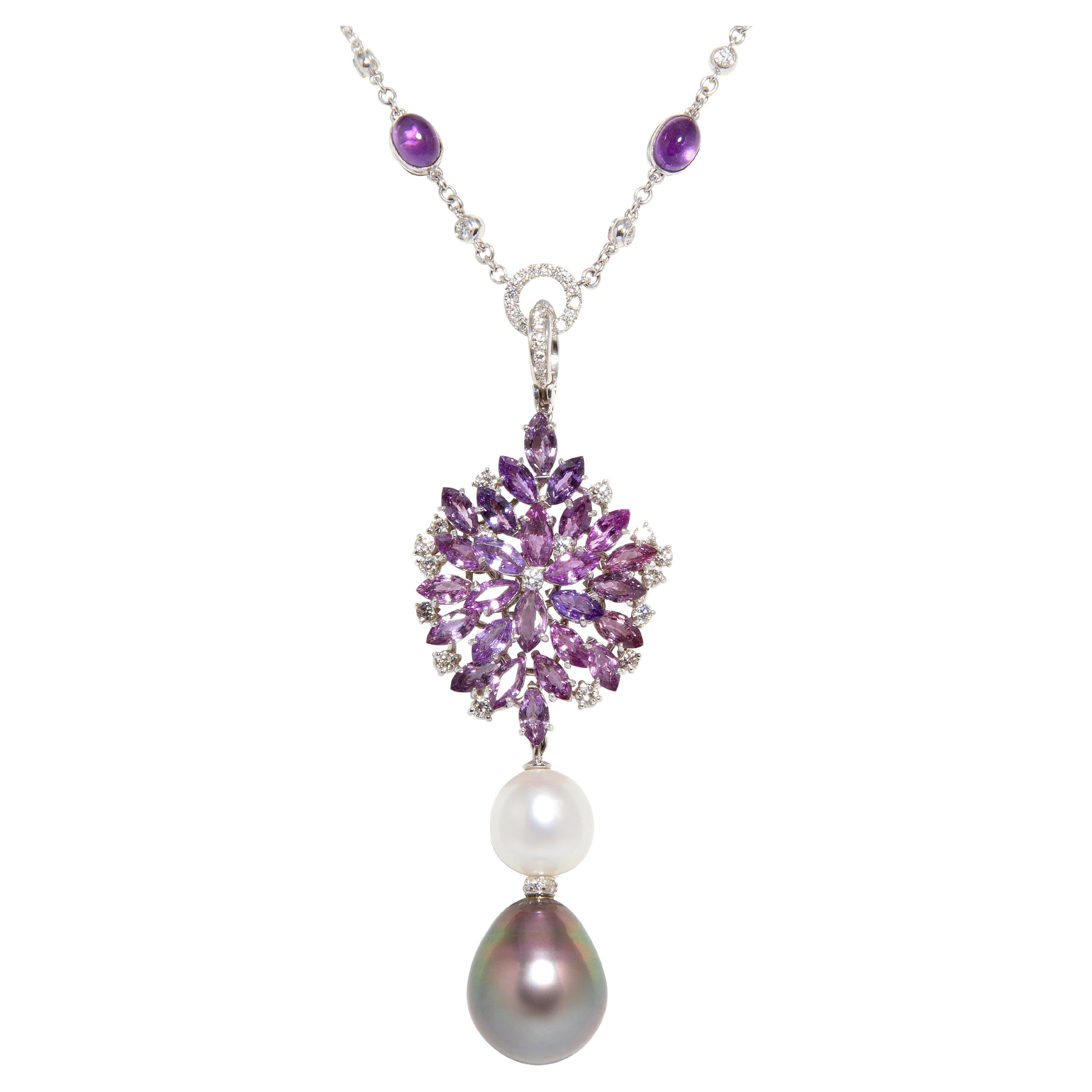 Sapphire Lavender Necklace with Pearl and Diamonds Design by Ella Gafter