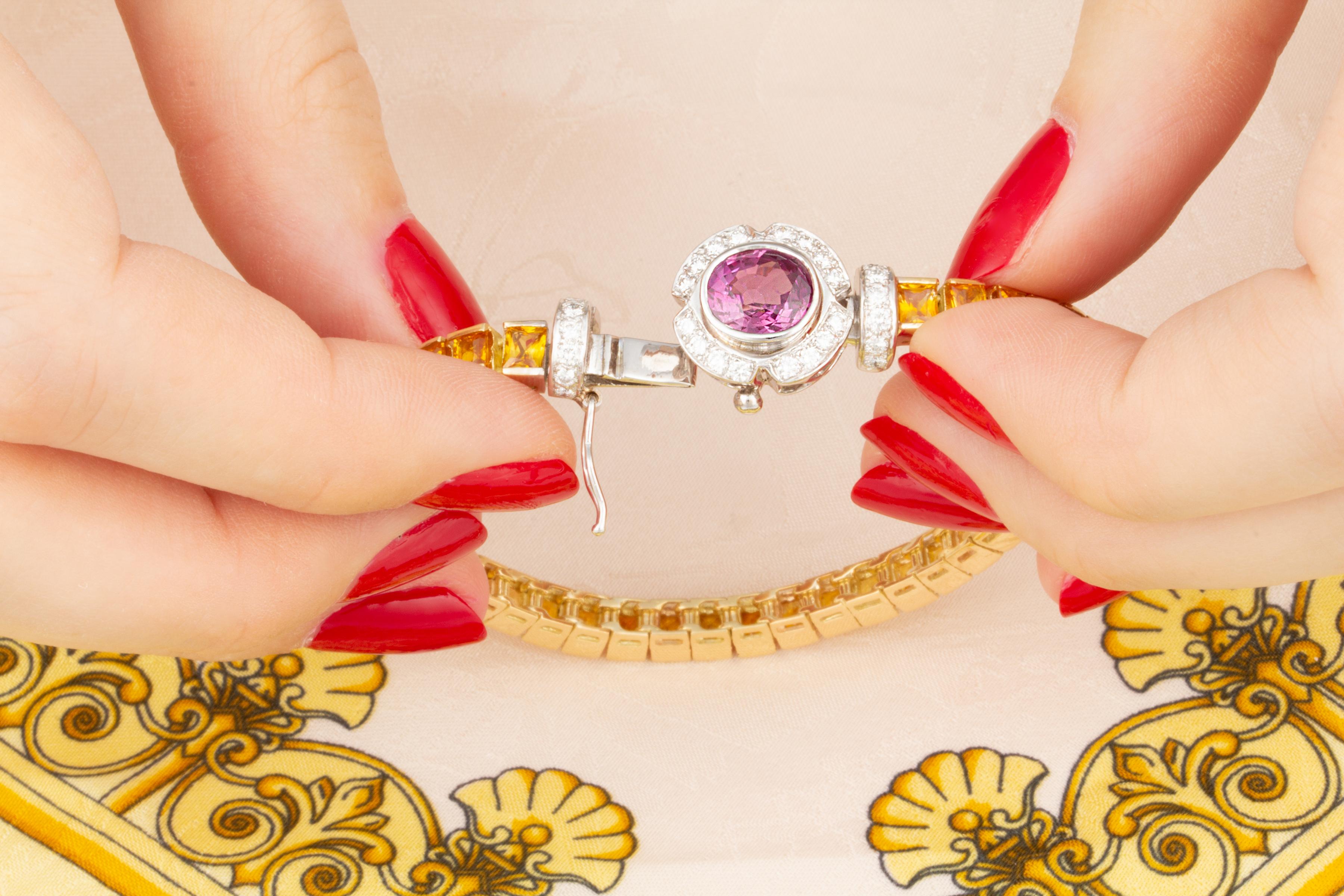 Golden Sapphire Pink Sapphire Diamonds Bracelet Design by Ella Gafter In New Condition For Sale In New York, NY