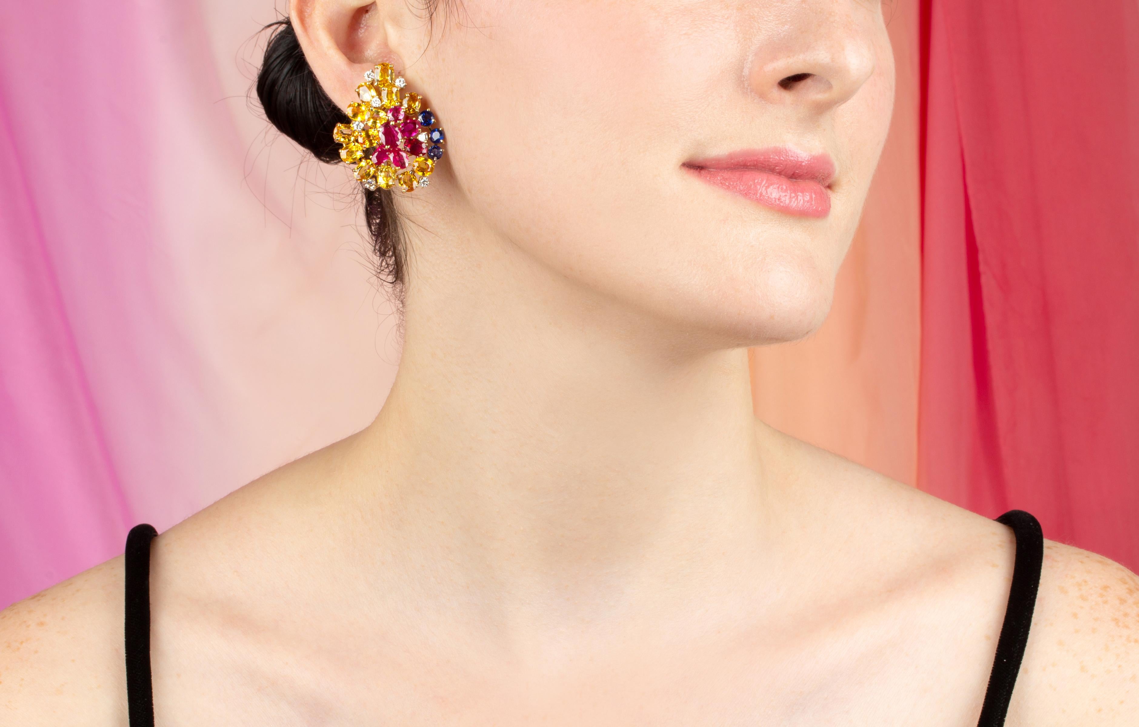 Artist Ella Gafter Sapphire Ruby Cluster Earrings  For Sale