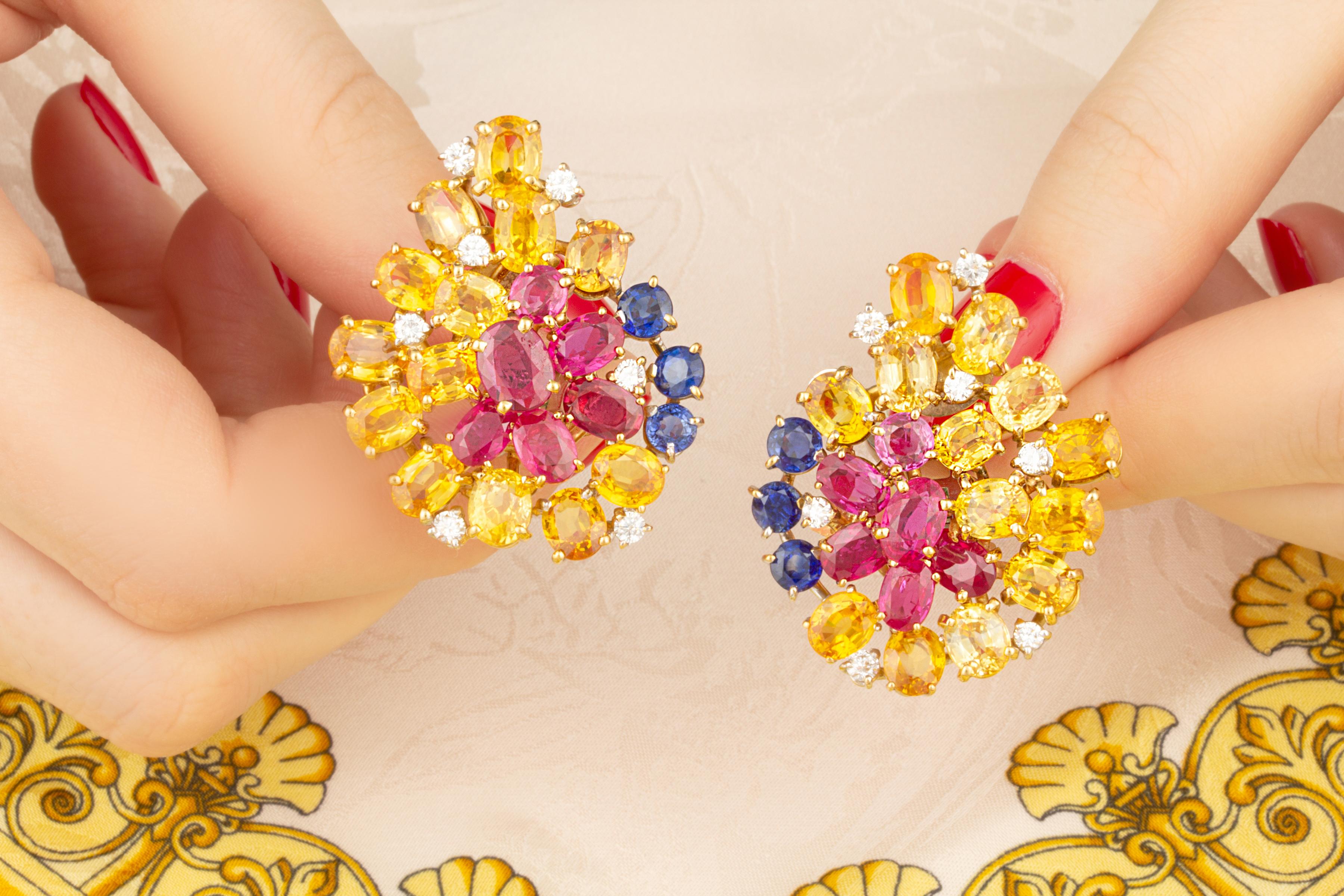 Men's Ella Gafter Sapphire Ruby Cluster Earrings  For Sale