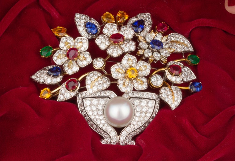 Brilliant Cut Ella Gafter Sapphire Ruby Diamond Jardiniere Brooch Pin For Sale