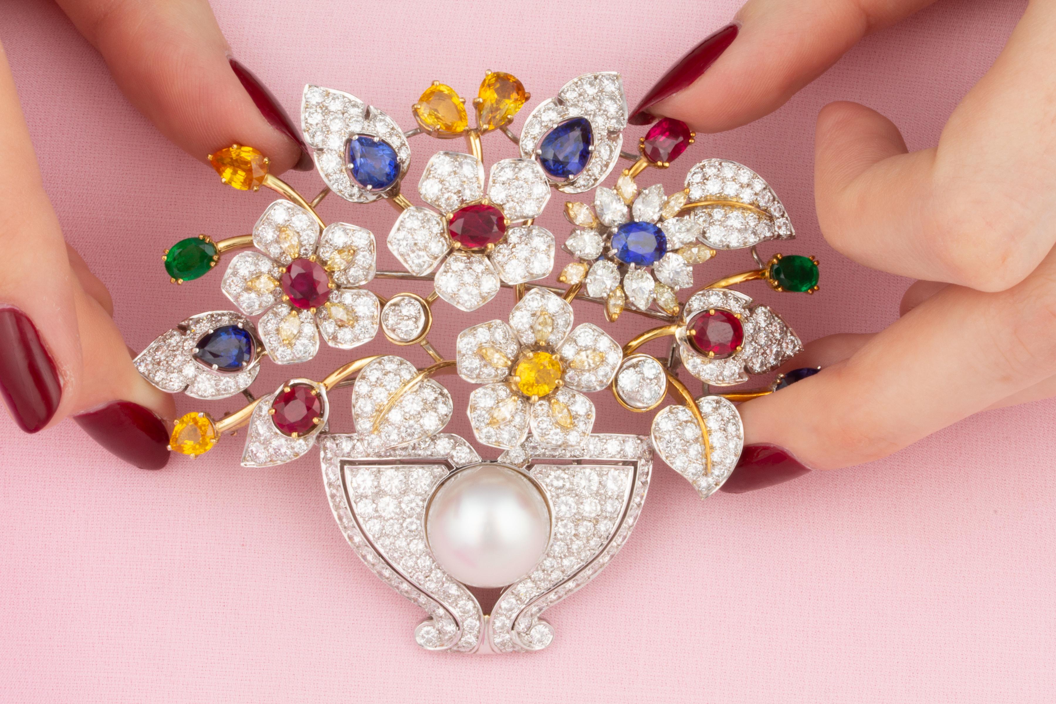 Women's Ella Gafter Sapphire Ruby Diamond Jardiniere Brooch Pin For Sale