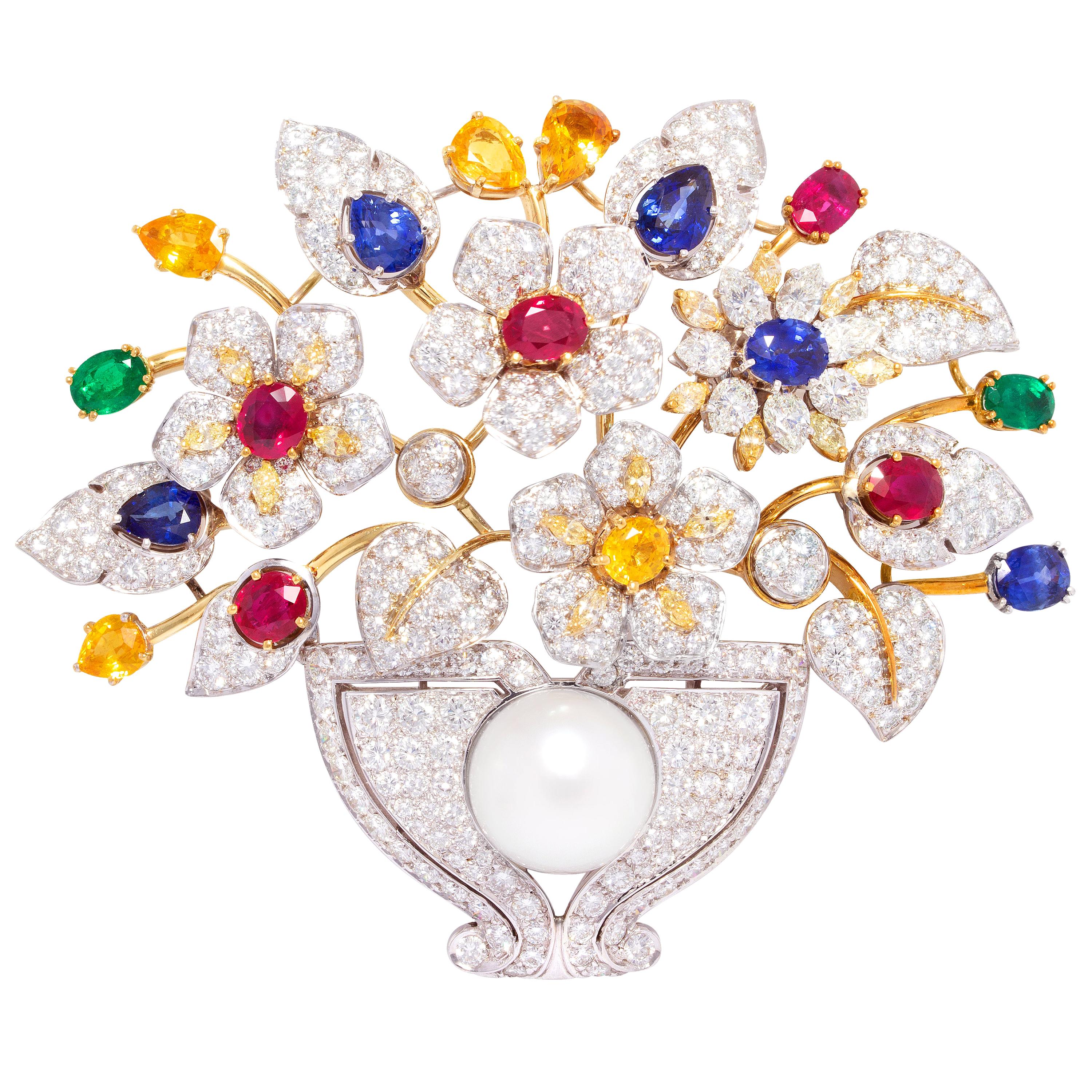Tremblant Basket Brooch Sapphire Ruby Diamond Jardinière Design by Ella Gafter