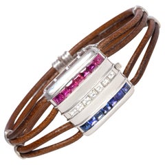 Sapphire Ruby Diamond Bracelet Leather Strap Design by Ella Gafter