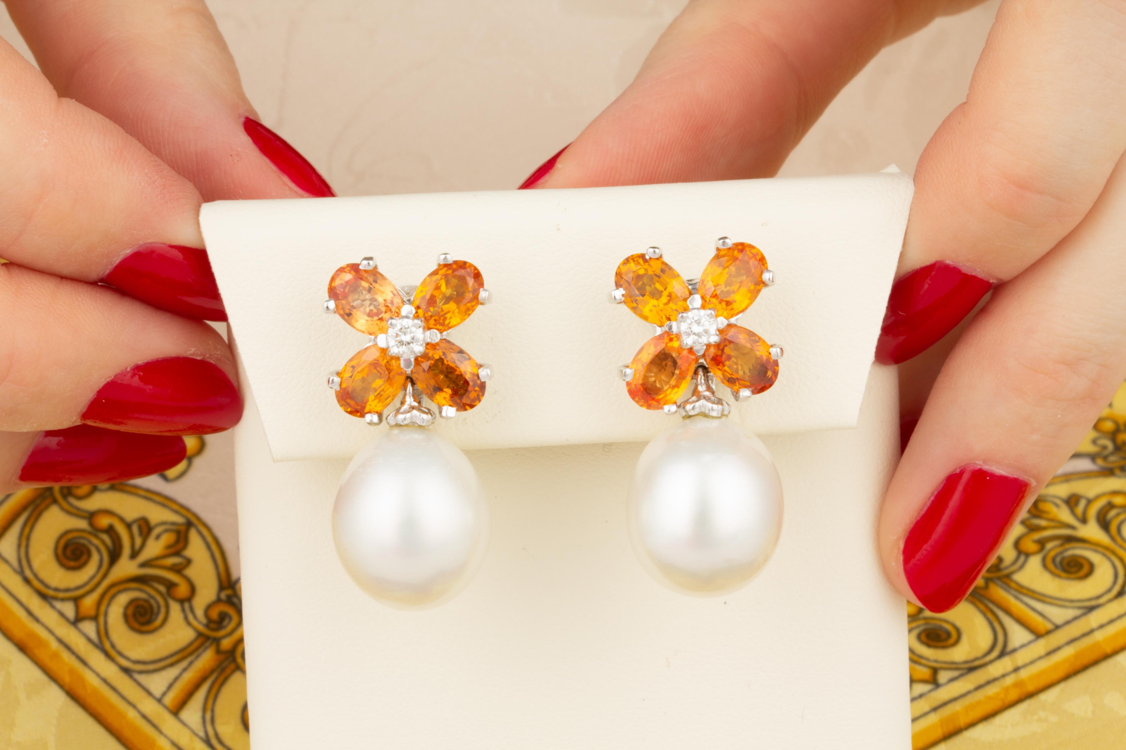 Artist Ella Gafter Pearl Orange Sapphire Diamond Flower Earrings