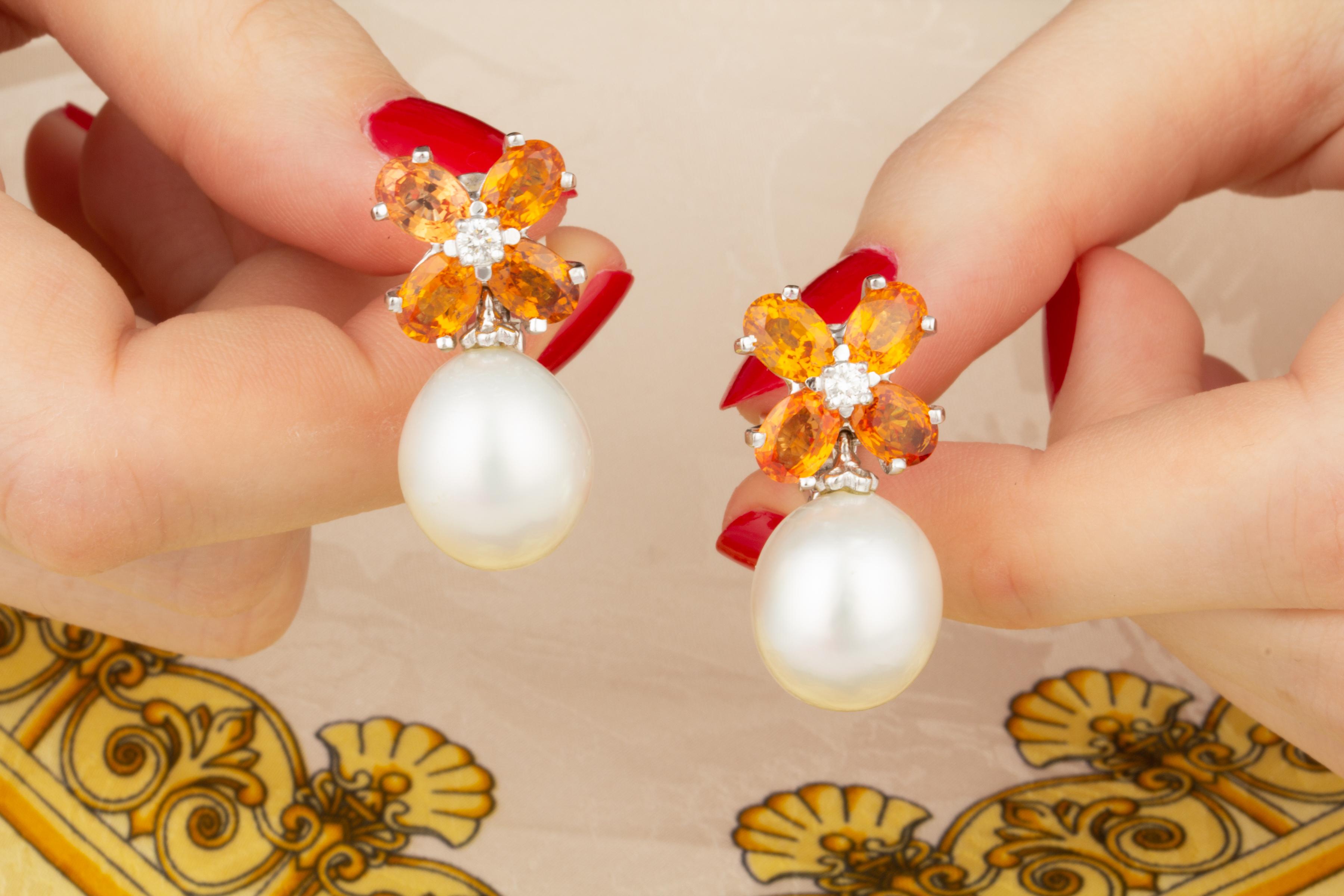 Oval Cut Ella Gafter Pearl Orange Sapphire Diamond Flower Earrings