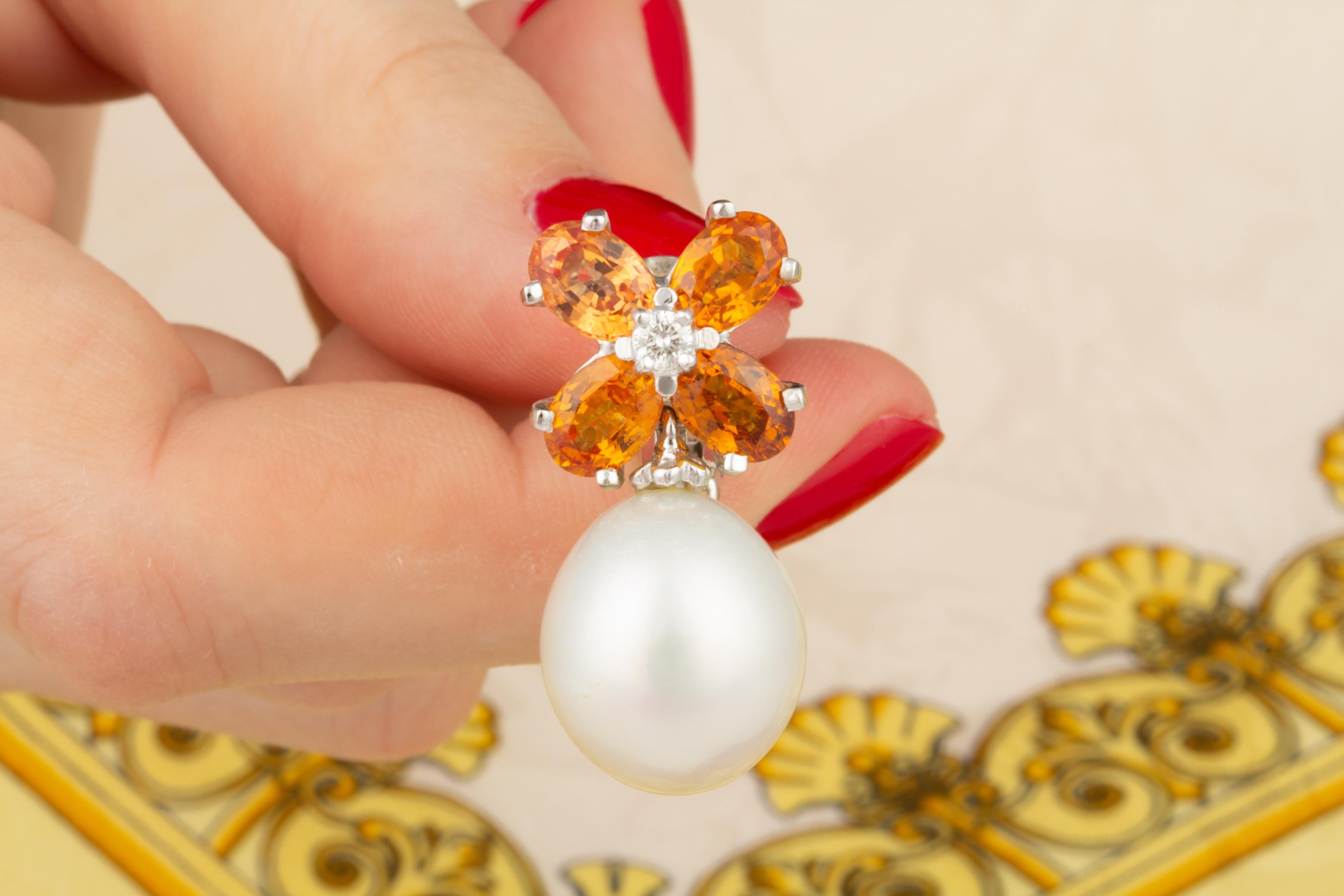 Ella Gafter Pearl Orange Sapphire Diamond Flower Earrings In New Condition In New York, NY