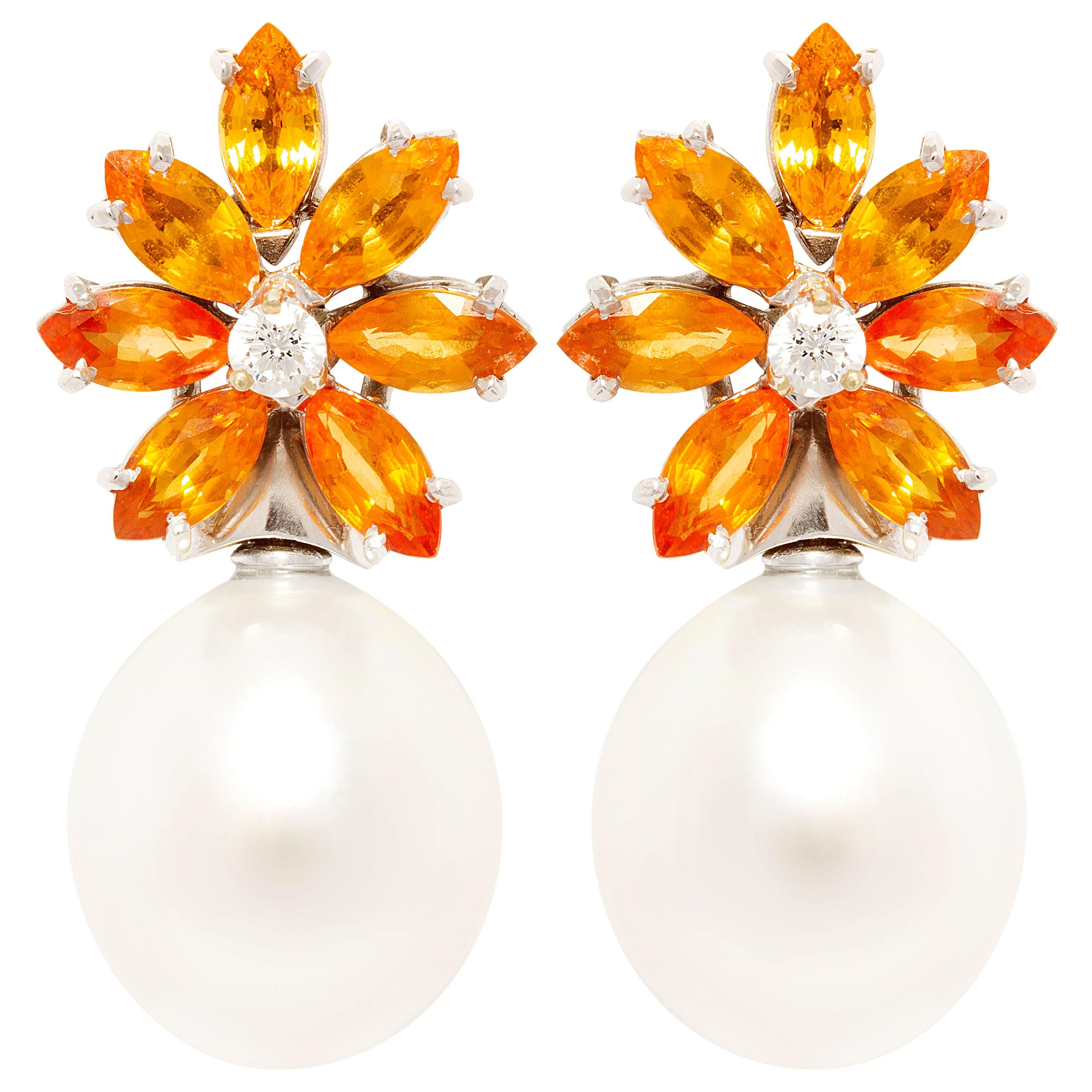 Orange Sapphire South Sea Pearl Diamond Earrings Design by Ella Gafter