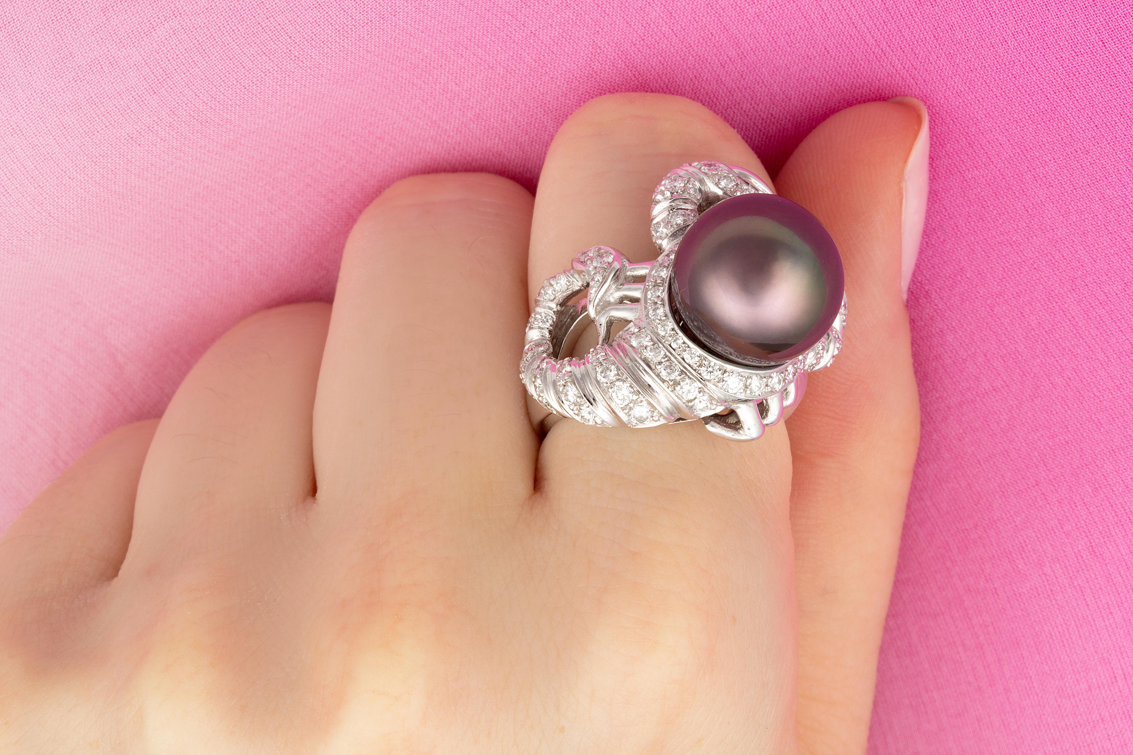 Artist Scorpio Zodiac Cocktail Ring Diamonds Pearl Design by Ella Gafter For Sale