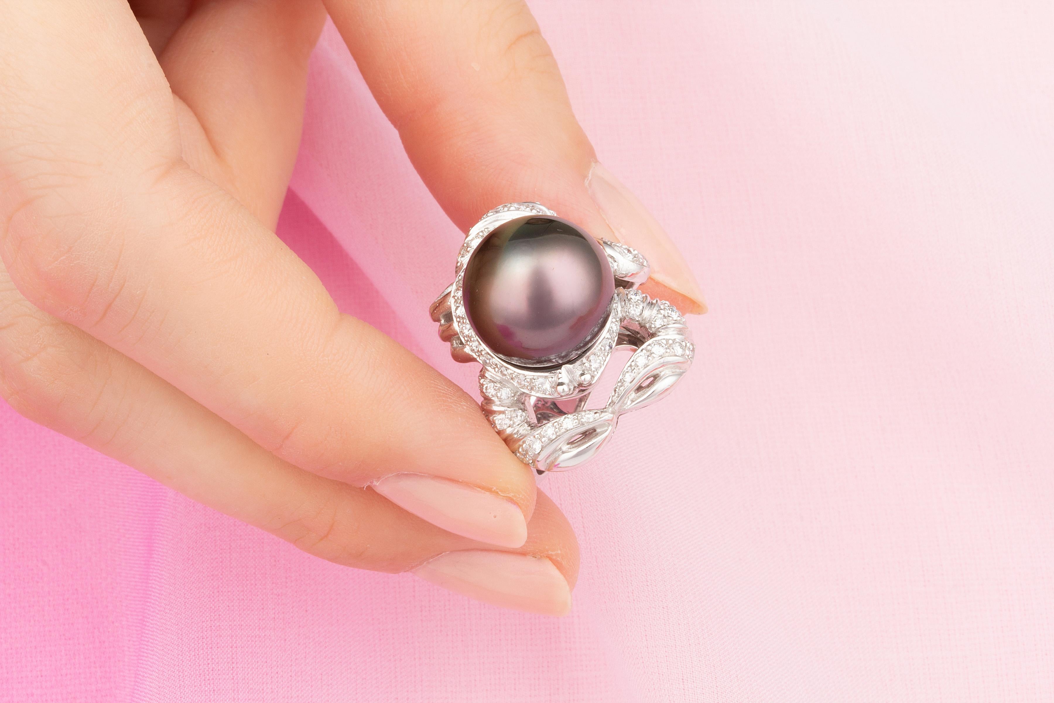 Women's or Men's Scorpio Zodiac Cocktail Ring Diamonds Pearl Design by Ella Gafter For Sale
