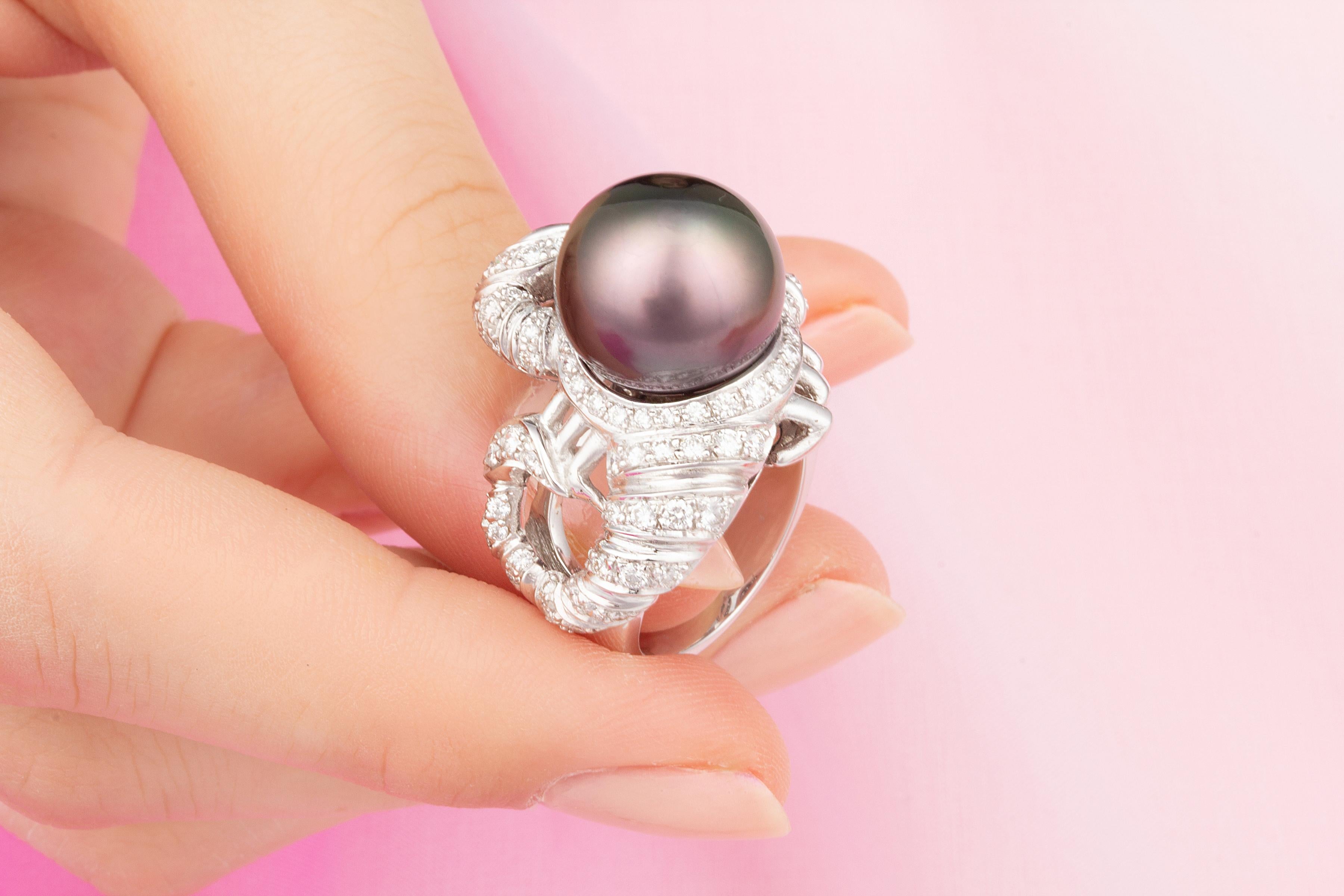 Scorpio Zodiac Cocktail Ring Diamonds Pearl Design by Ella Gafter For Sale 2