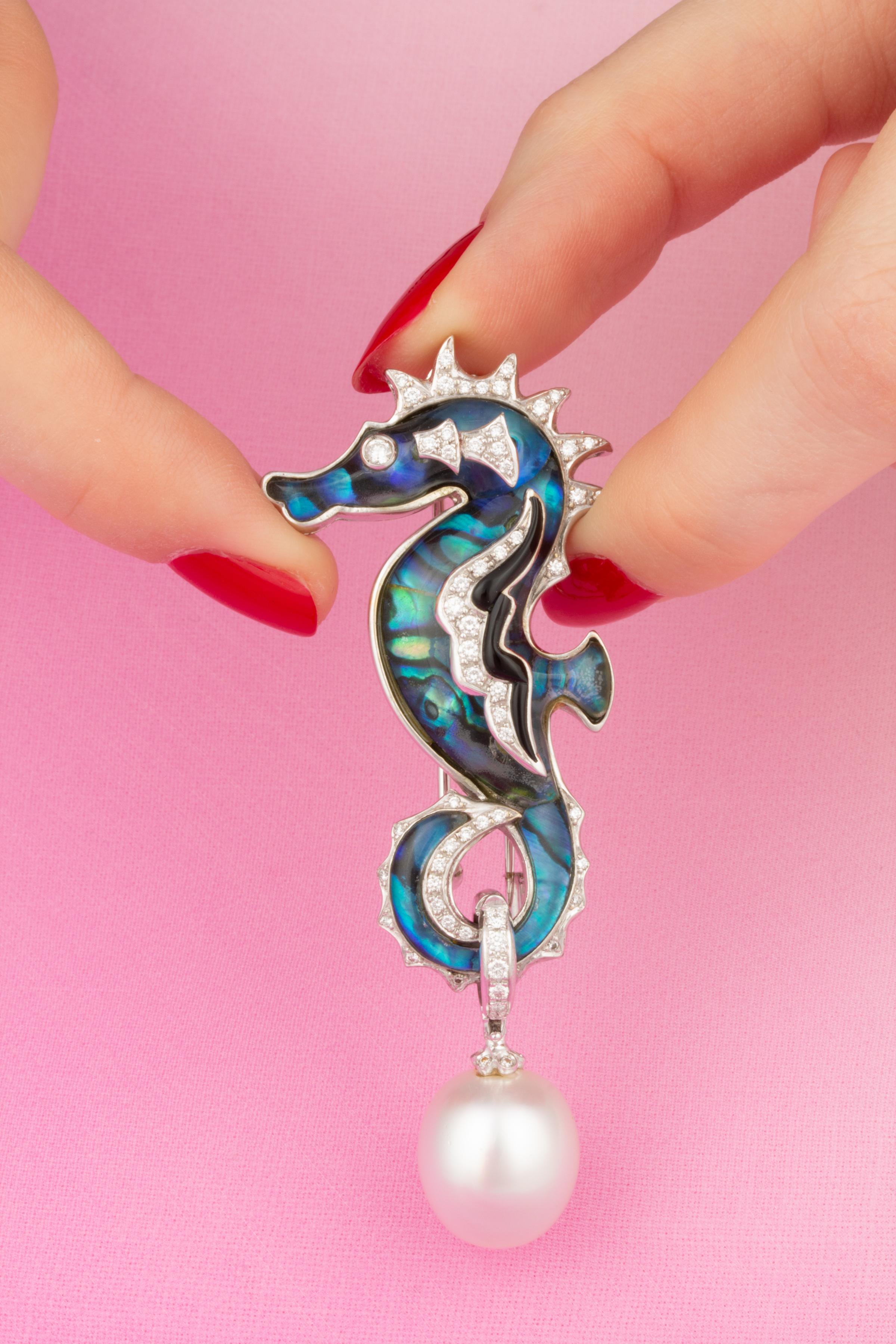 Brilliant Cut Ella Gafter Seahorse Diamond Brooch Pin For Sale