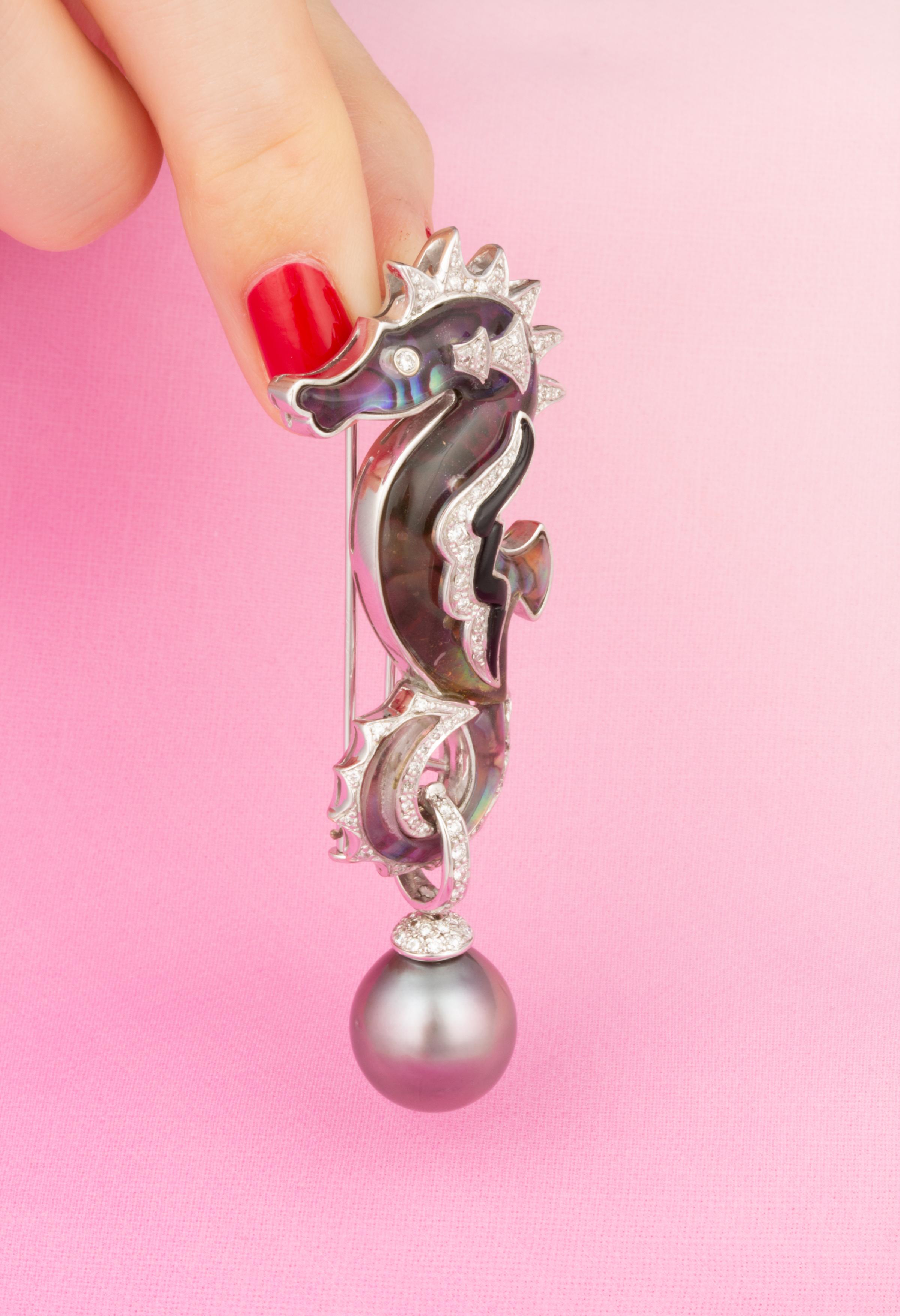 Artist Ella Gafter Seahorse Diamond Brooch Pin For Sale