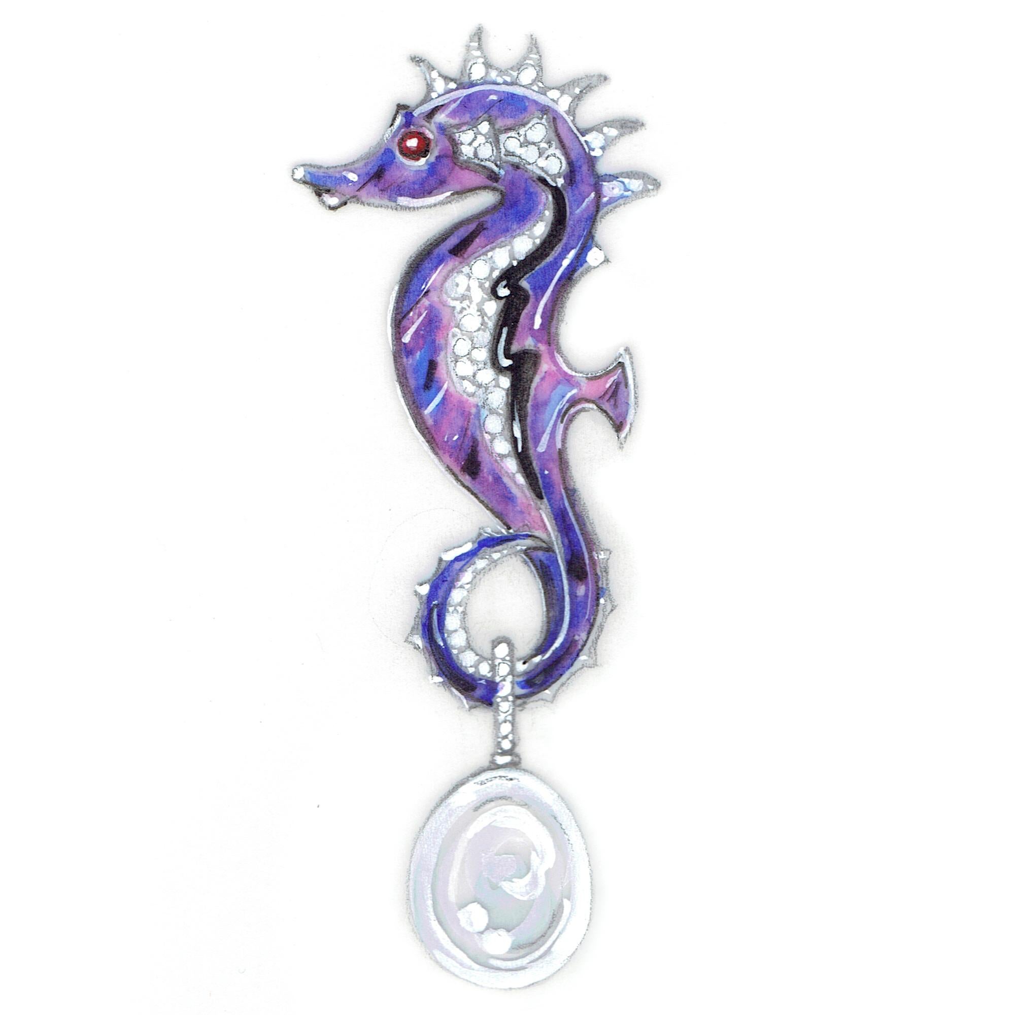 Women's or Men's Ella Gafter Seahorse Diamond Brooch Pin For Sale