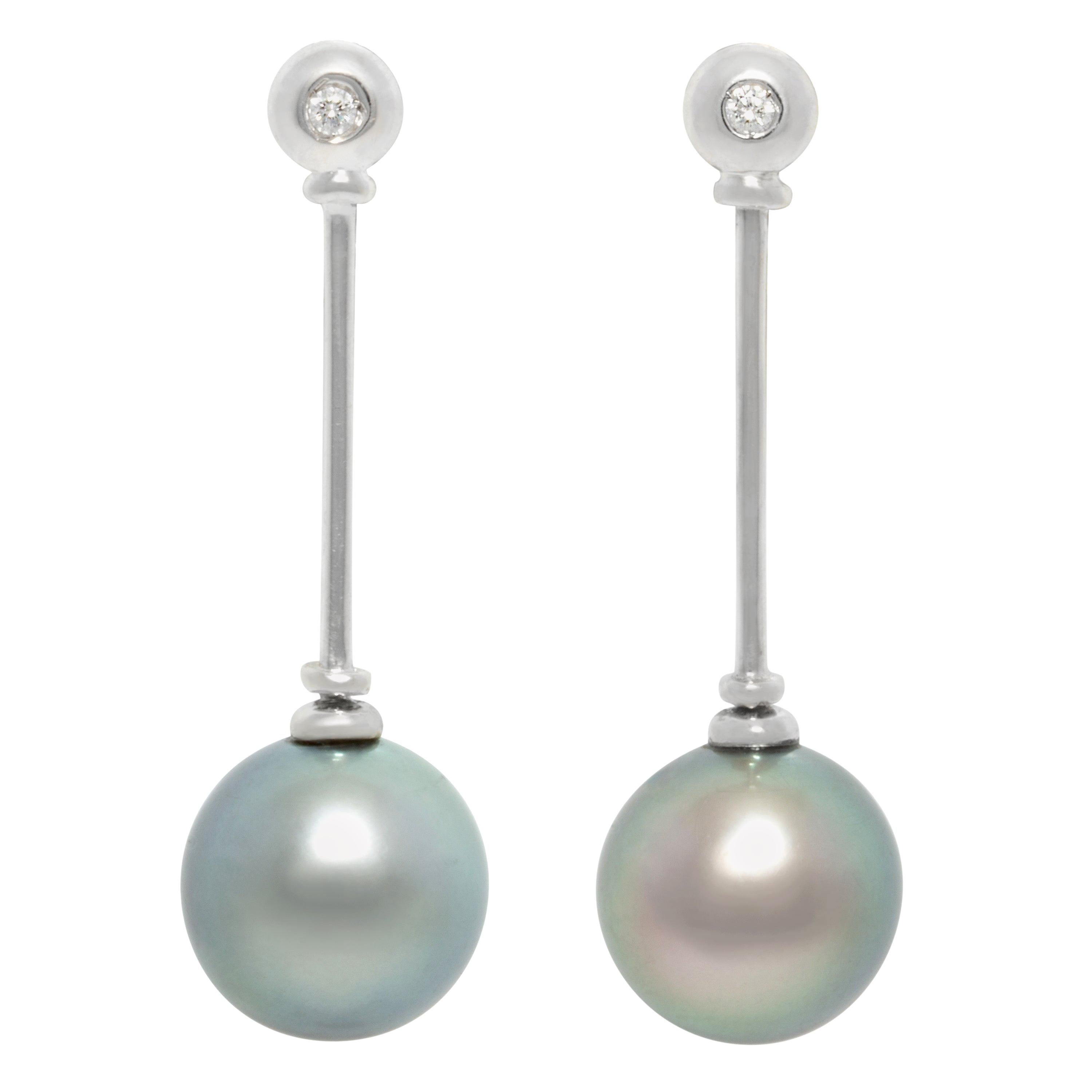 Ella Gafter Silver Tahitian Pearl Diamond Drop Earrings