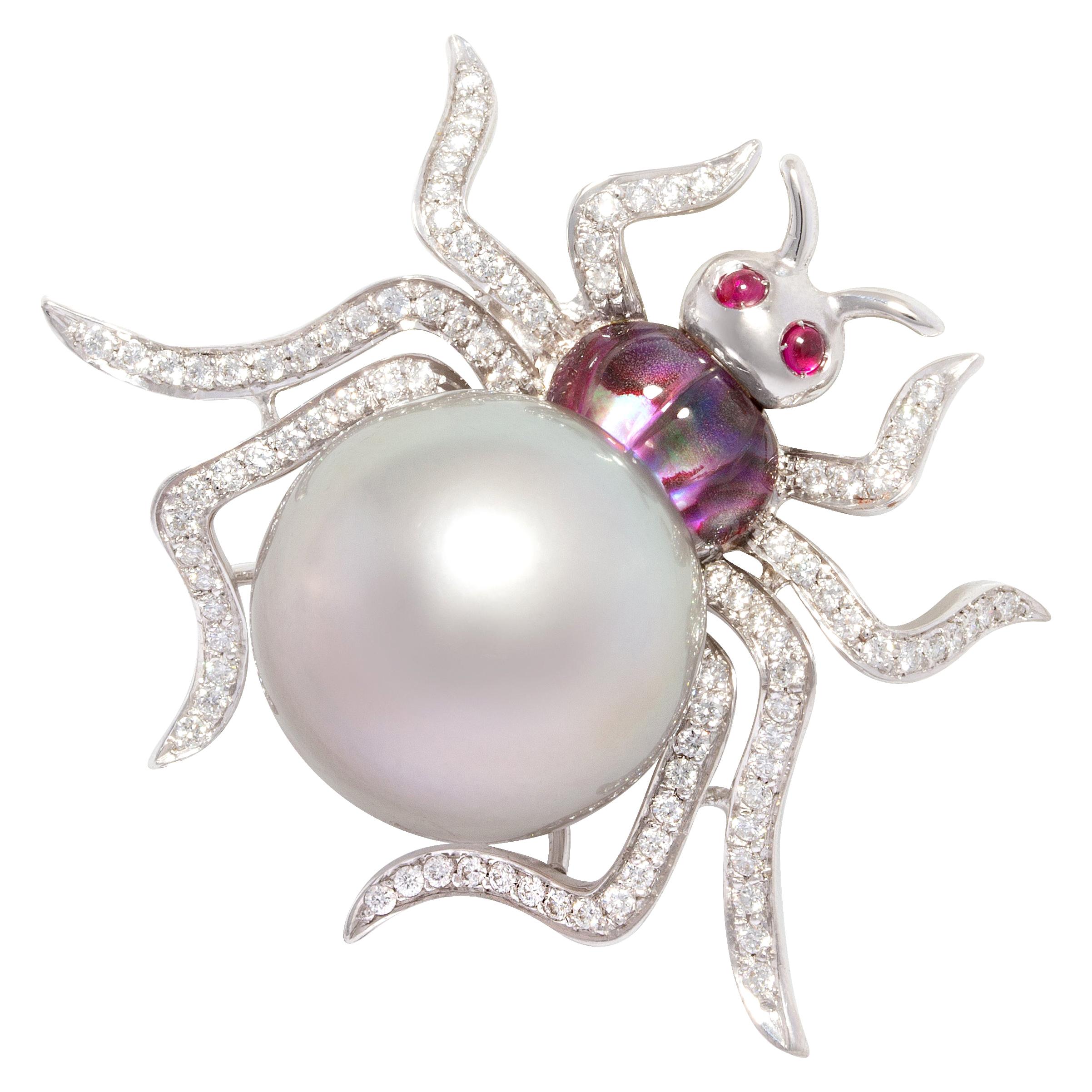 Broche à épingle en forme d'araignée en diamants et perles de Tahiti de 18 mm, Ella Gafter