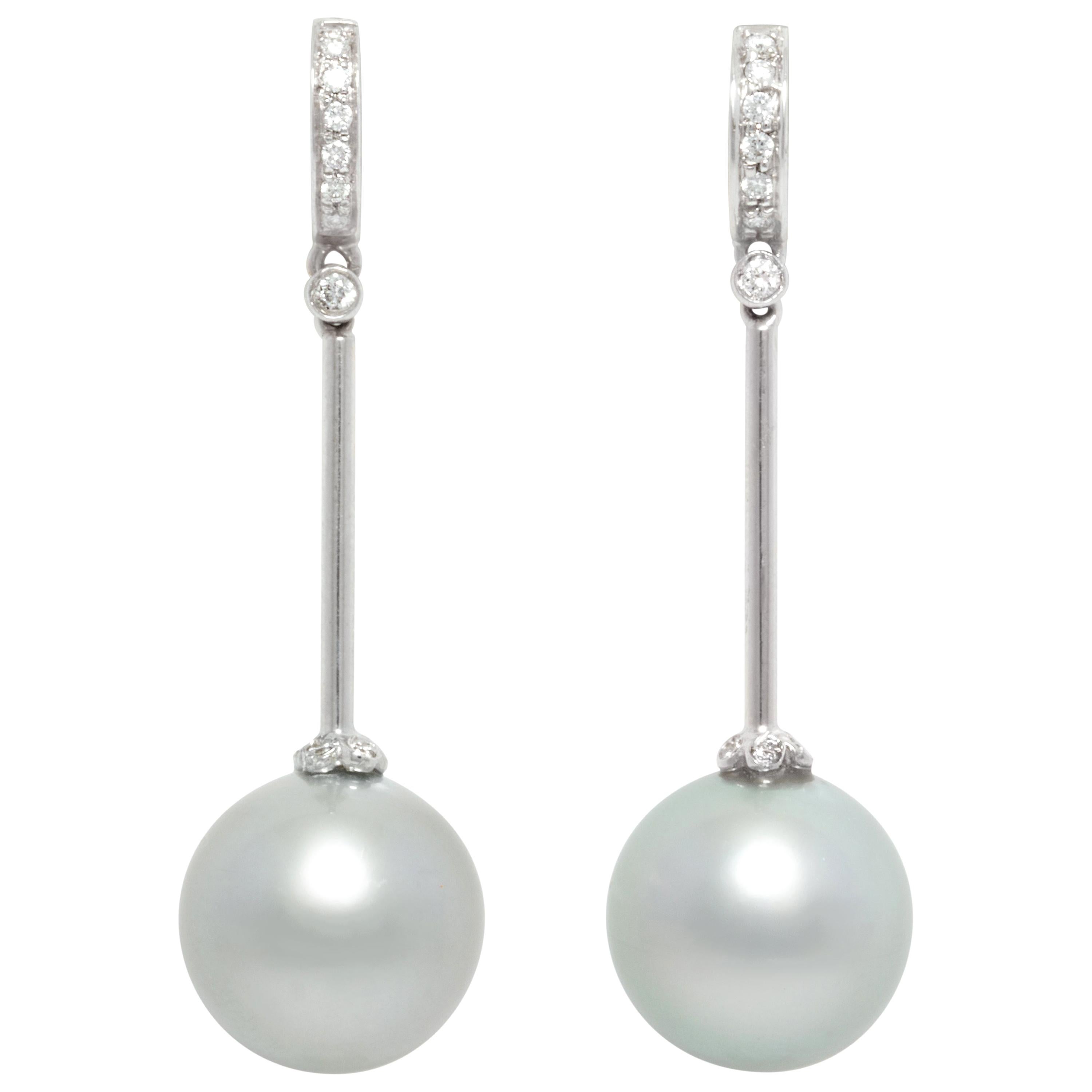 Ella Gafter 14mm Silver Tahitian Pearl Diamond Drop Earrings For Sale
