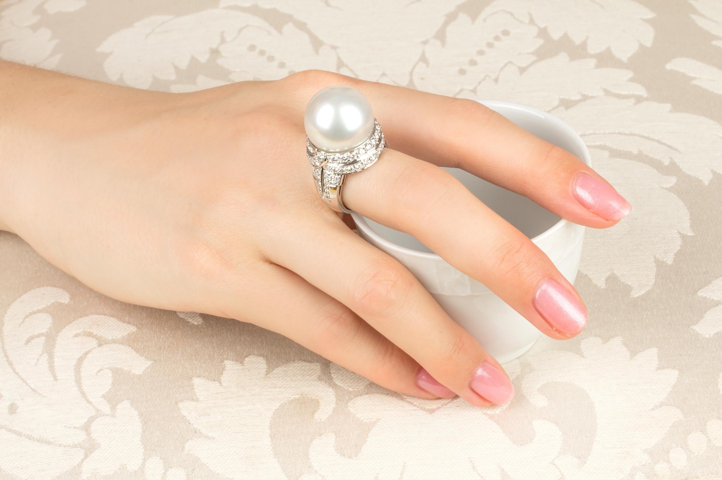 Artist Ella Gafter South Sea Pearl 17.5mm Diamond Ring For Sale