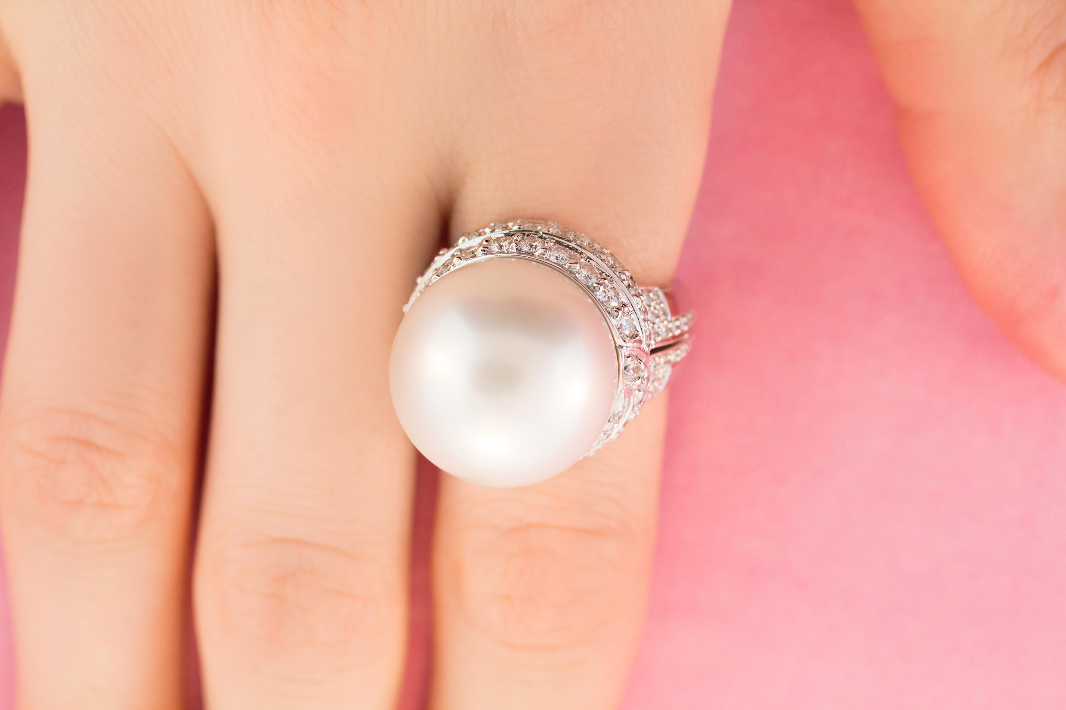 Brilliant Cut Ella Gafter South Sea Pearl 17.5mm Diamond Ring For Sale
