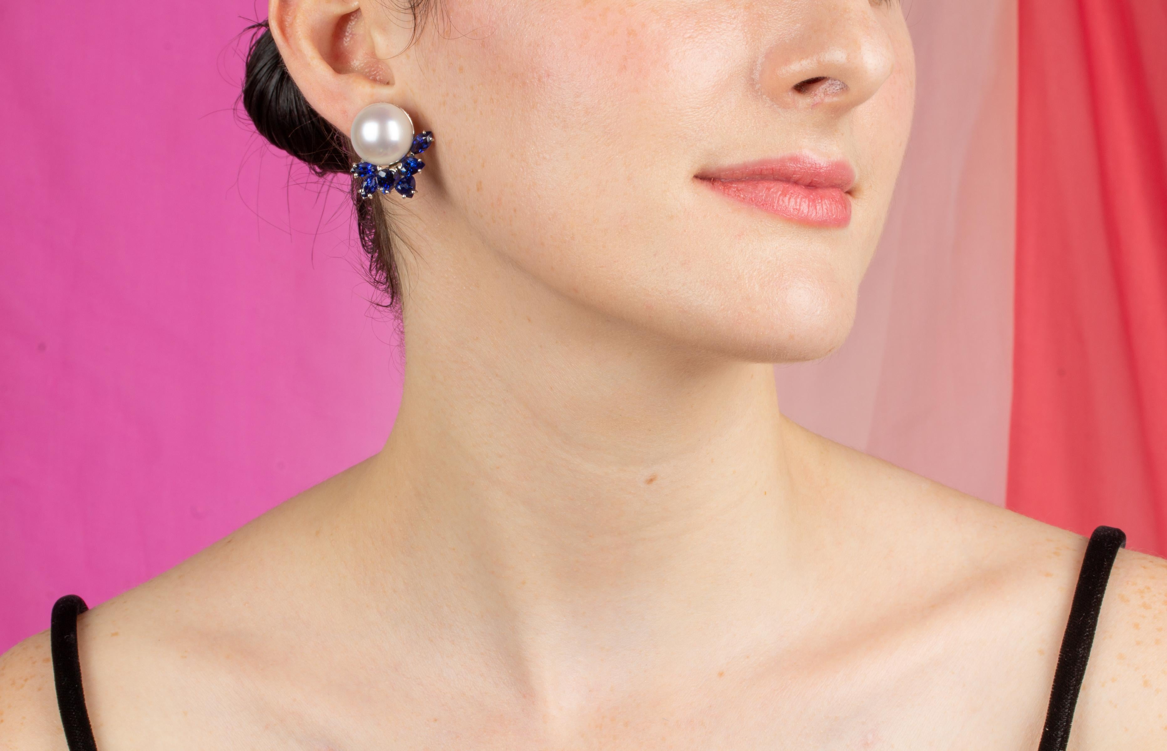 Ella Gafter Blue Sapphire and South Sea Pearl Diamond Earrings im Zustand „Neu“ in New York, NY