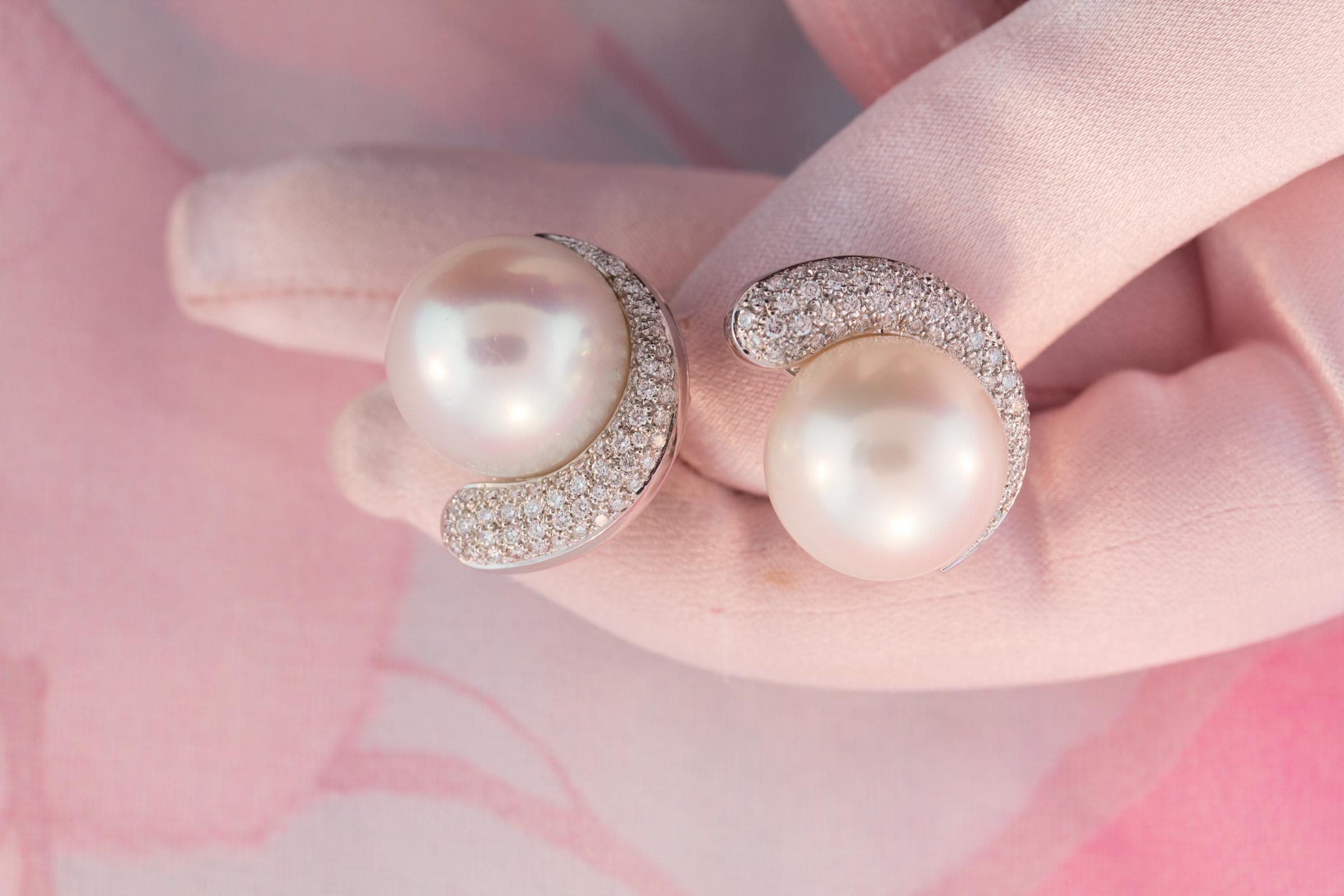 Brilliant Cut Ella Gafter 16mm South Sea Pearl Diamond Earrings