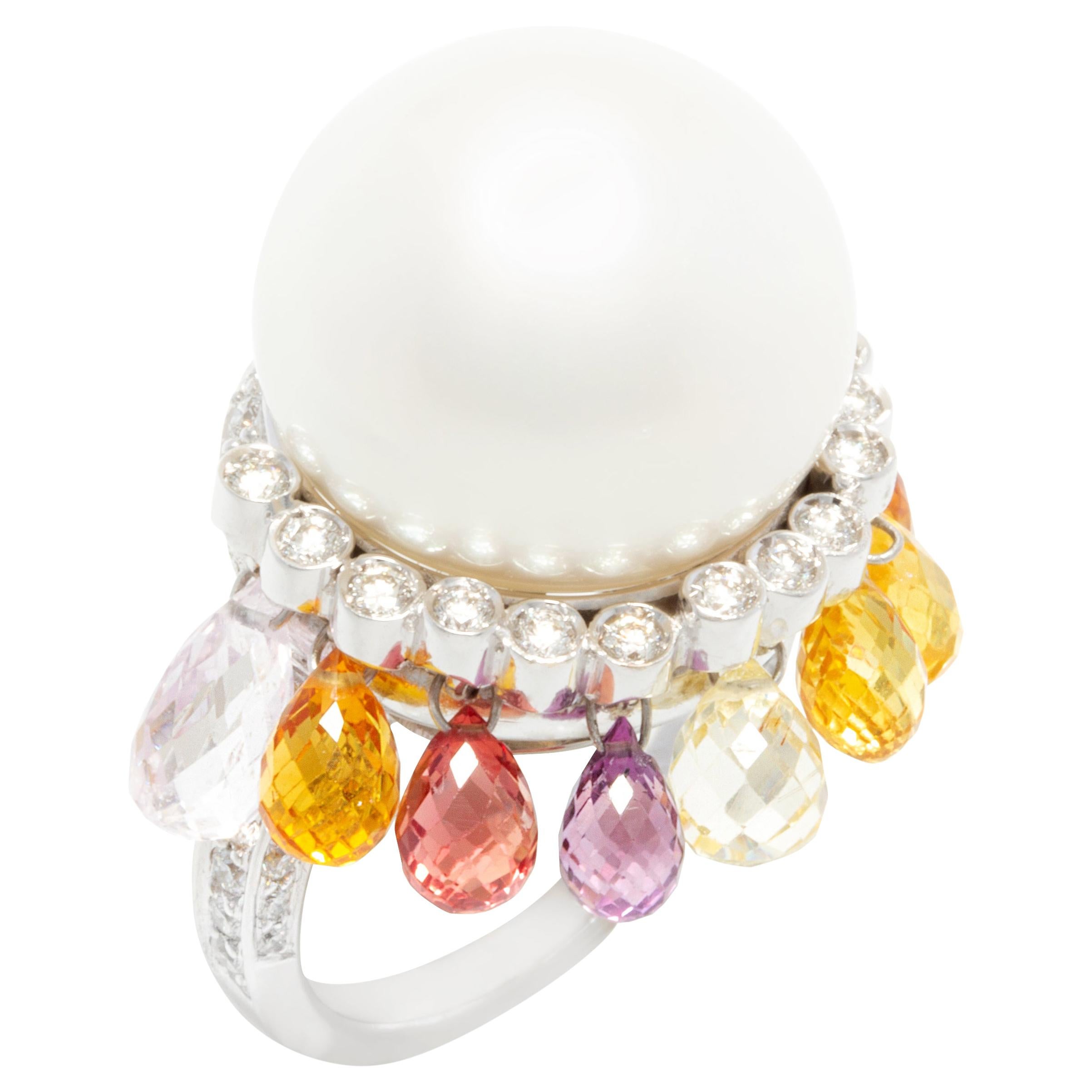 Perla del Mar del Sur Diamante Briolette Zafiro Anillo de Cóctel Diseñado por Ella Gafter