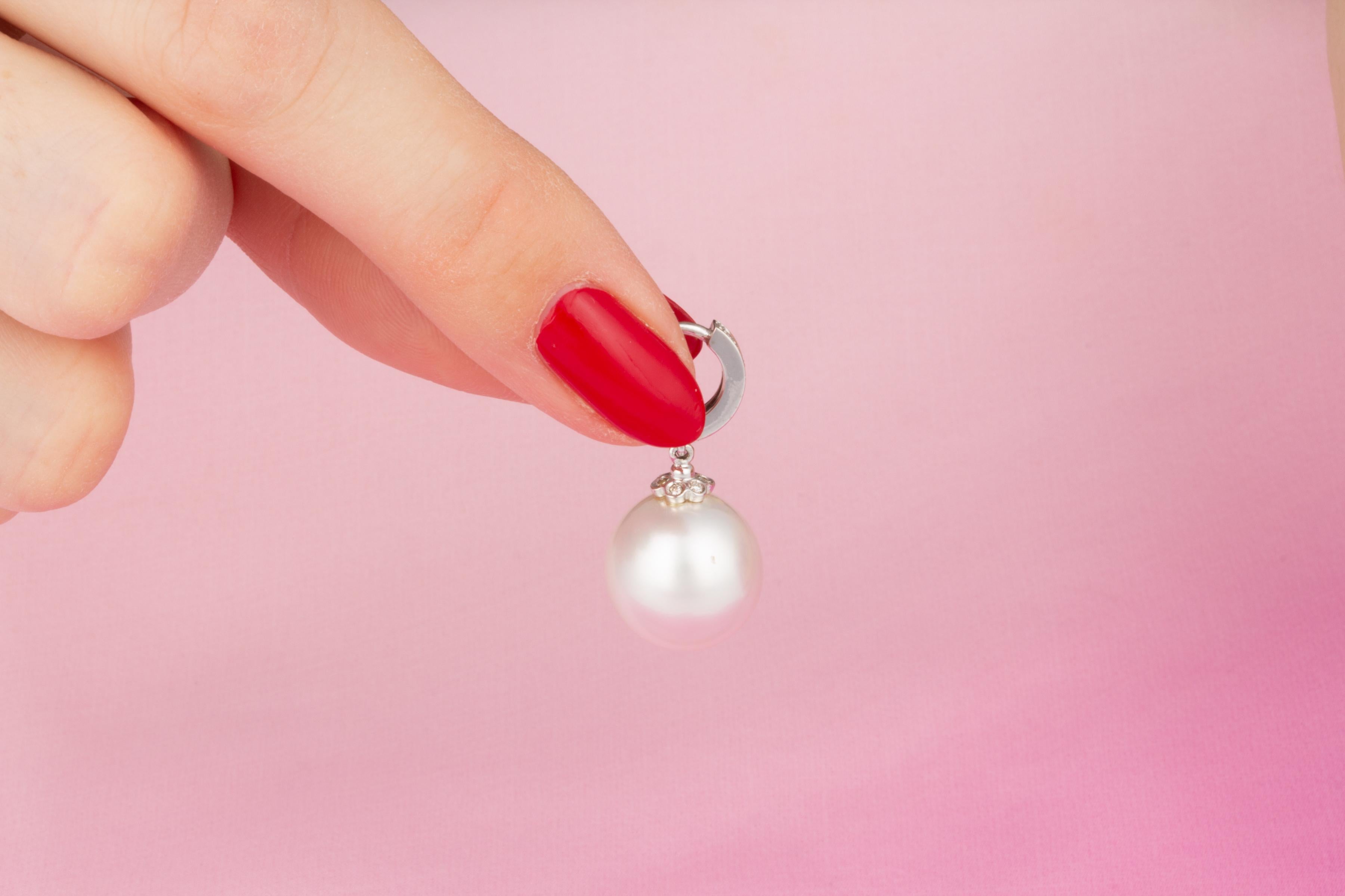 Brilliant Cut South Sea Pearl Diamond Drop Hoop Earrings Design by Ella Gafter For Sale