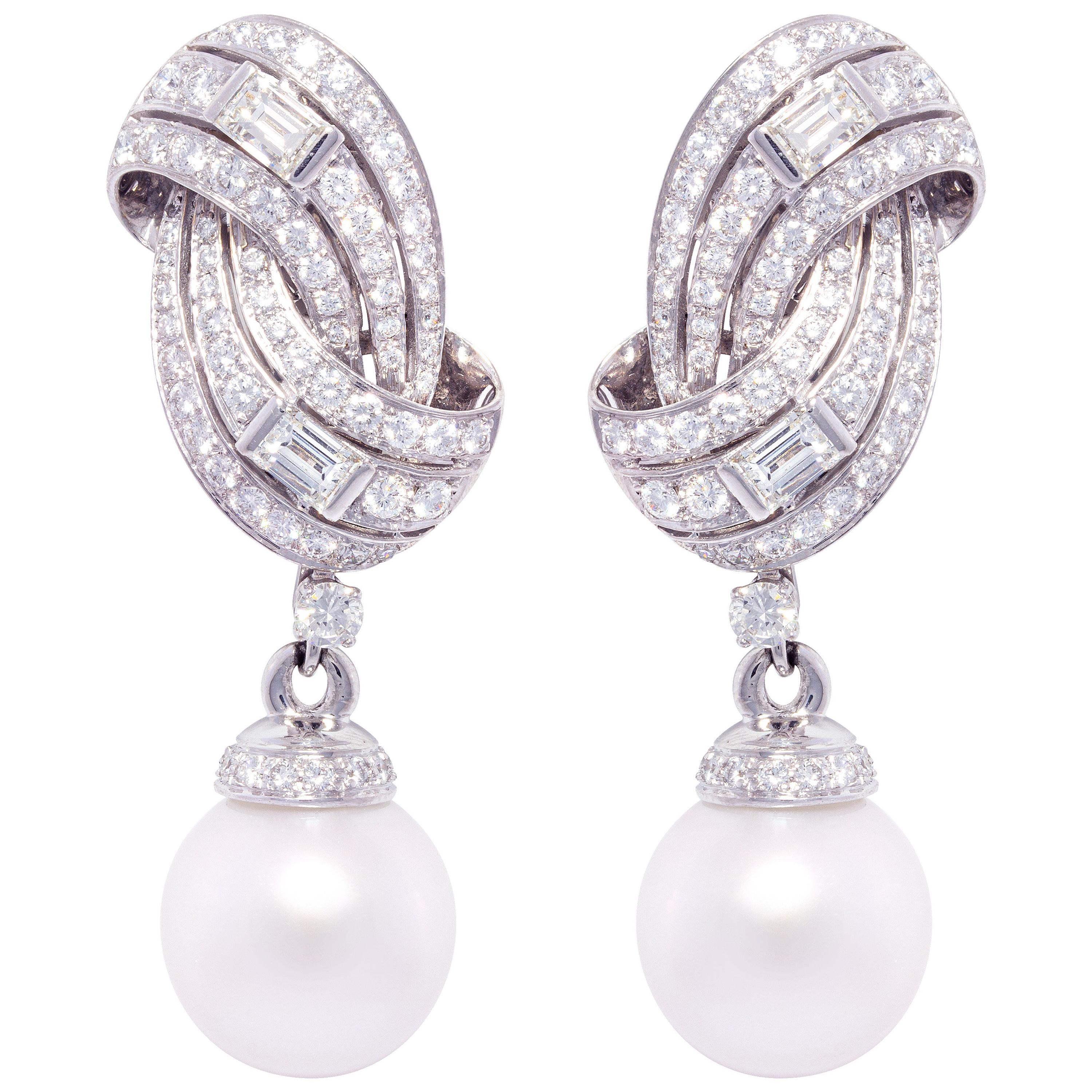 South Sea Pearl 16mm Diamond Drop Earrings Design by Ella Gafter For Sale