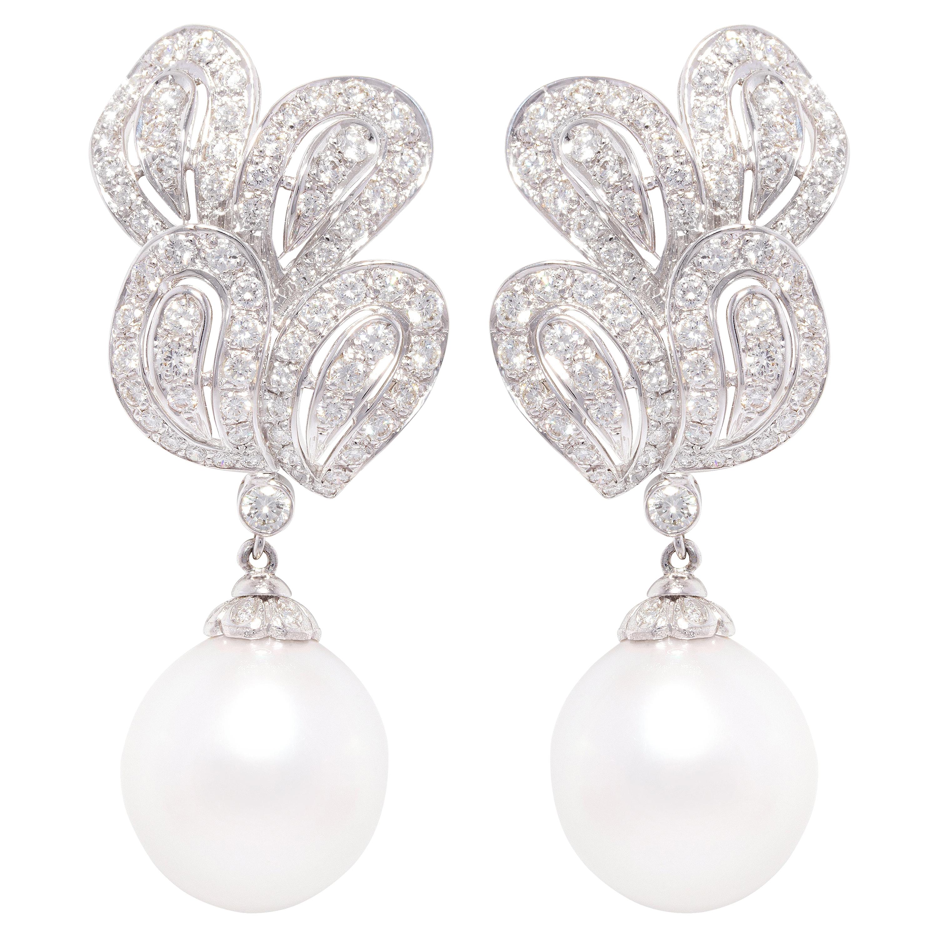 Ella Gafter 16mm South Sea Pearl Diamond Drop Earrings For Sale