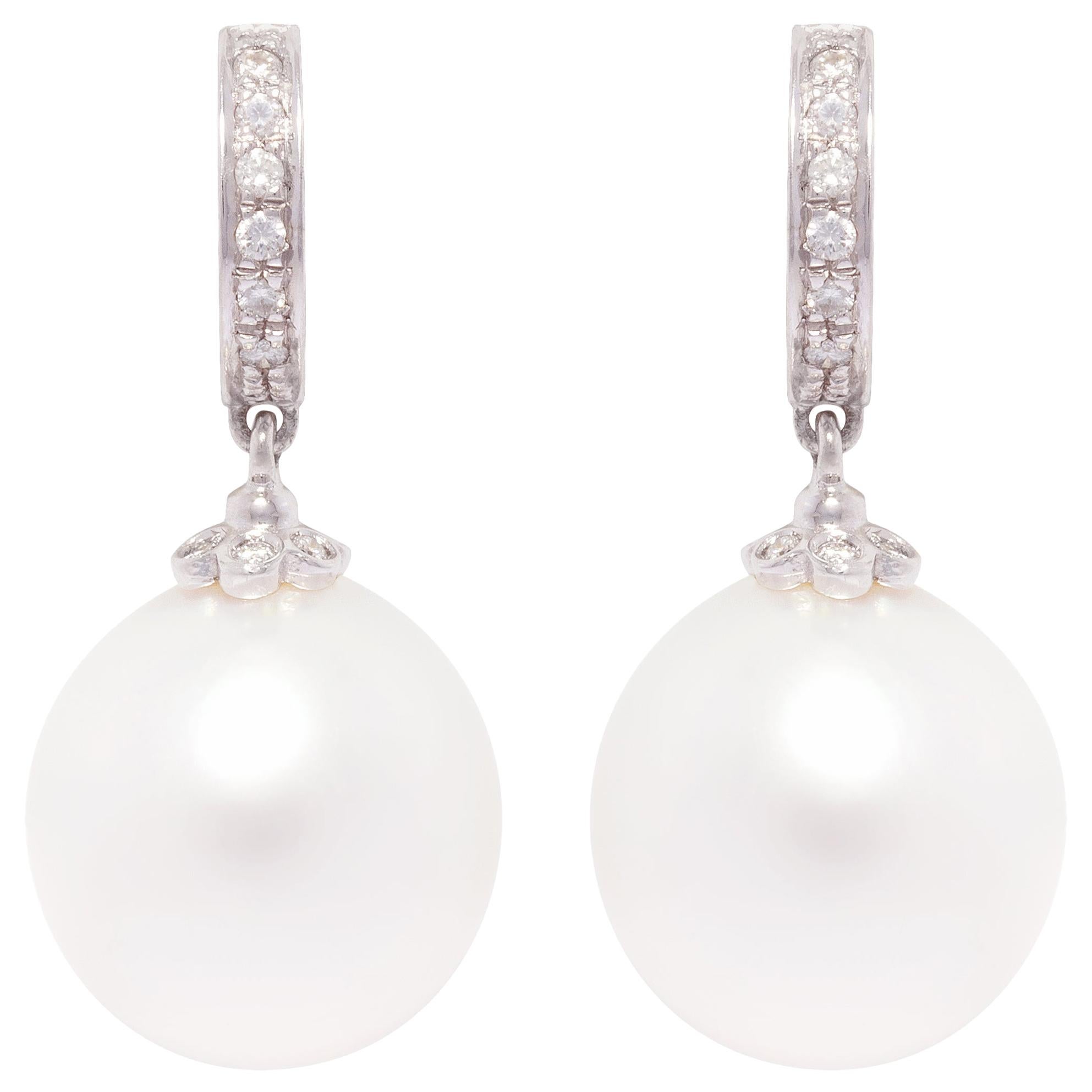 Ella Gafter 14mm South Sea Pearl Diamond Drop Hoop Earrings