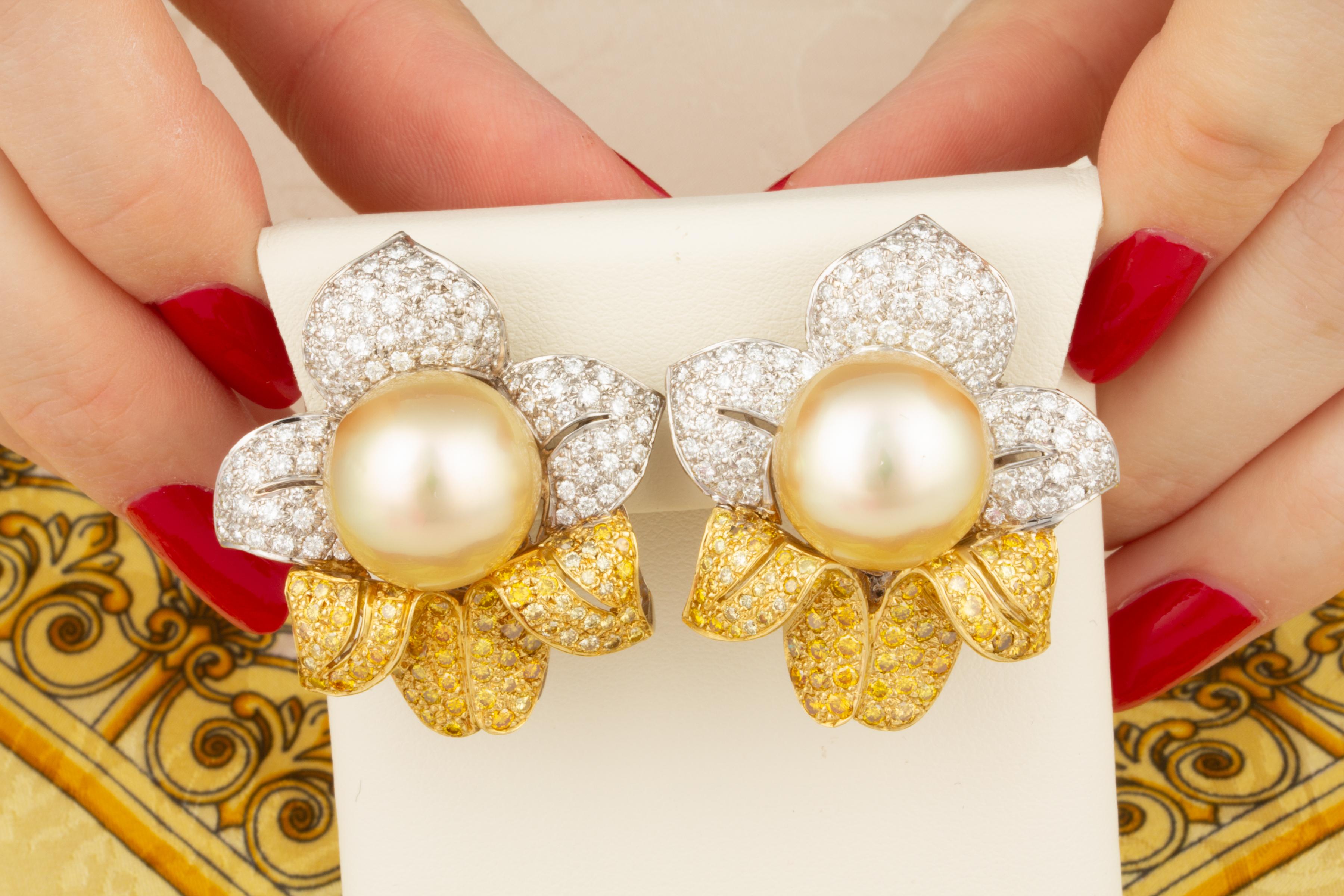 Round Cut Ella Gafter South Sea Pearl Diamond Flower Earrings For Sale