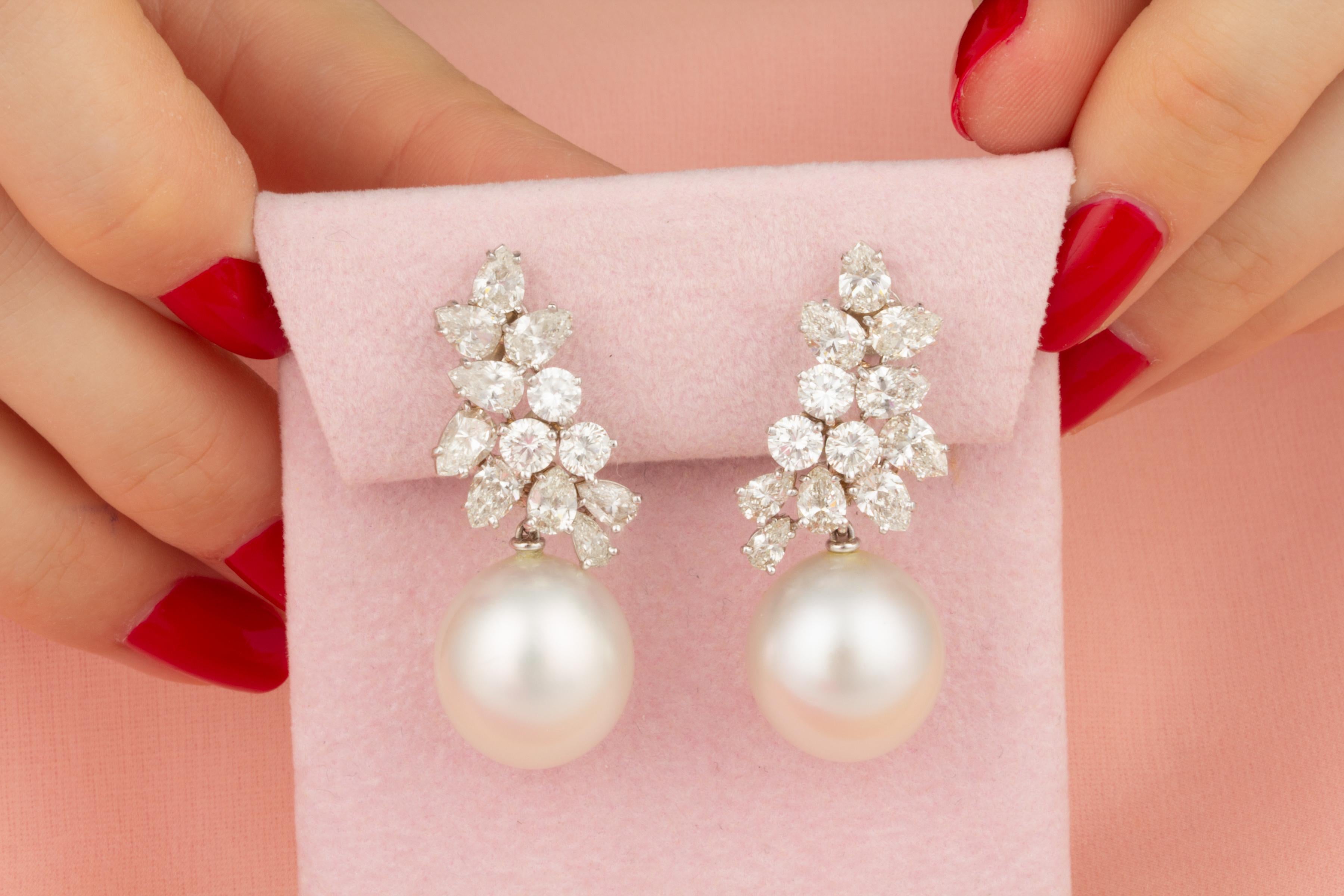 Artist South Sea Pearl Fancy Cut Diamond Drop Earrings Cluster Design by Ella Gafter For Sale