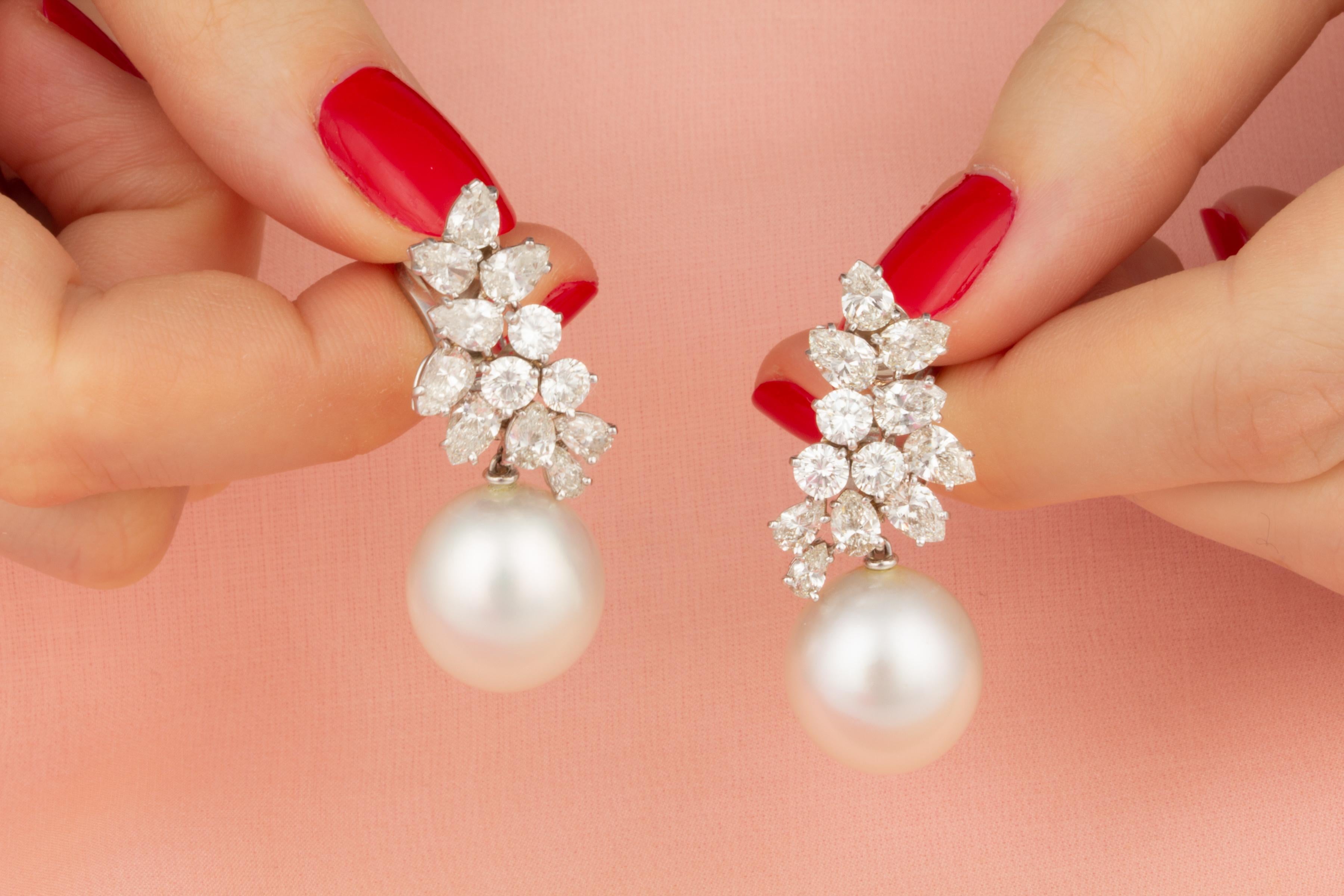 Pear Cut South Sea Pearl Fancy Cut Diamond Drop Earrings Cluster Design by Ella Gafter For Sale