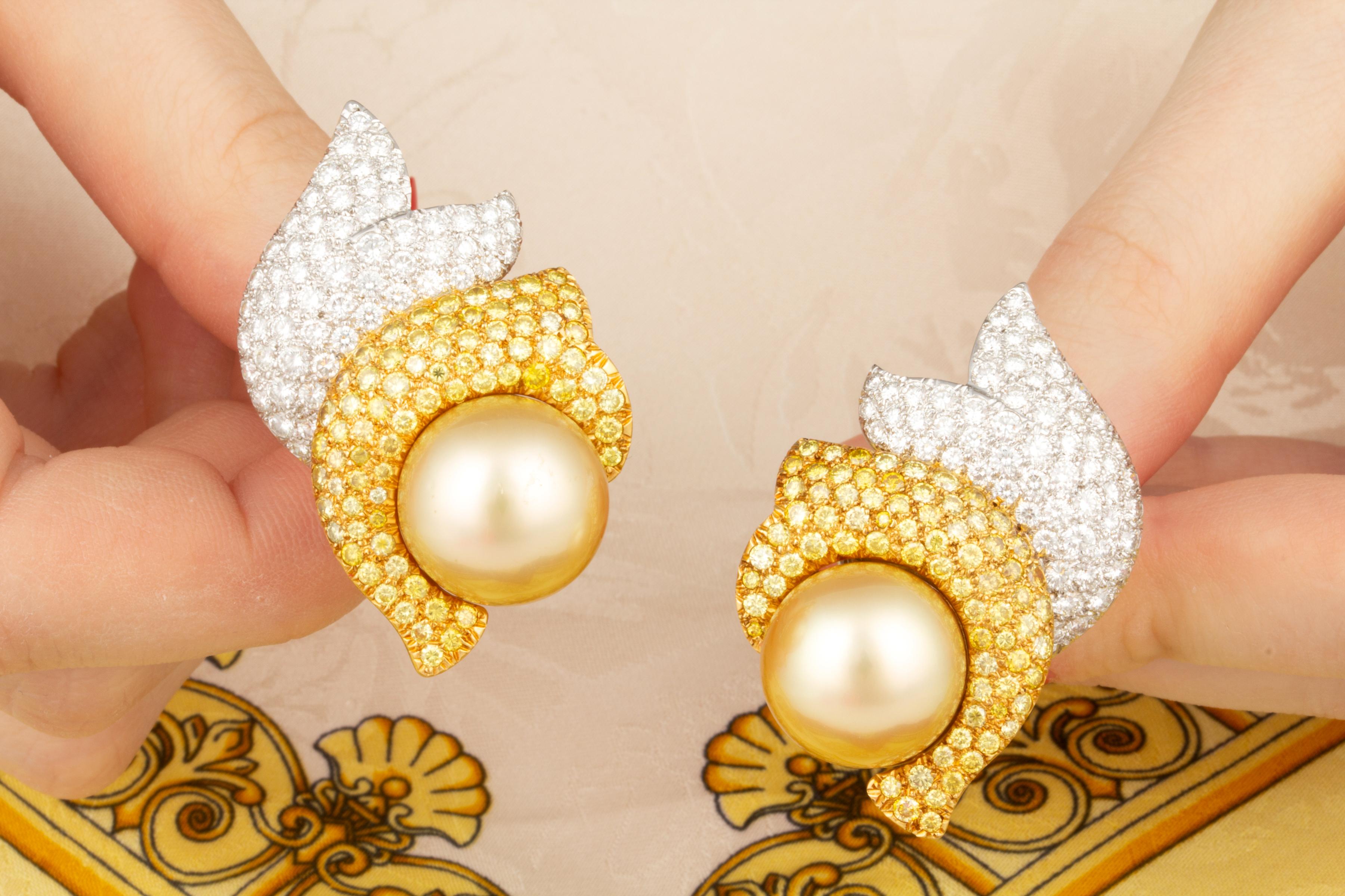 Women's Golden Pearl Fancy Color Diamond Earrings Two Tone Gold Design by Ella Gafter For Sale