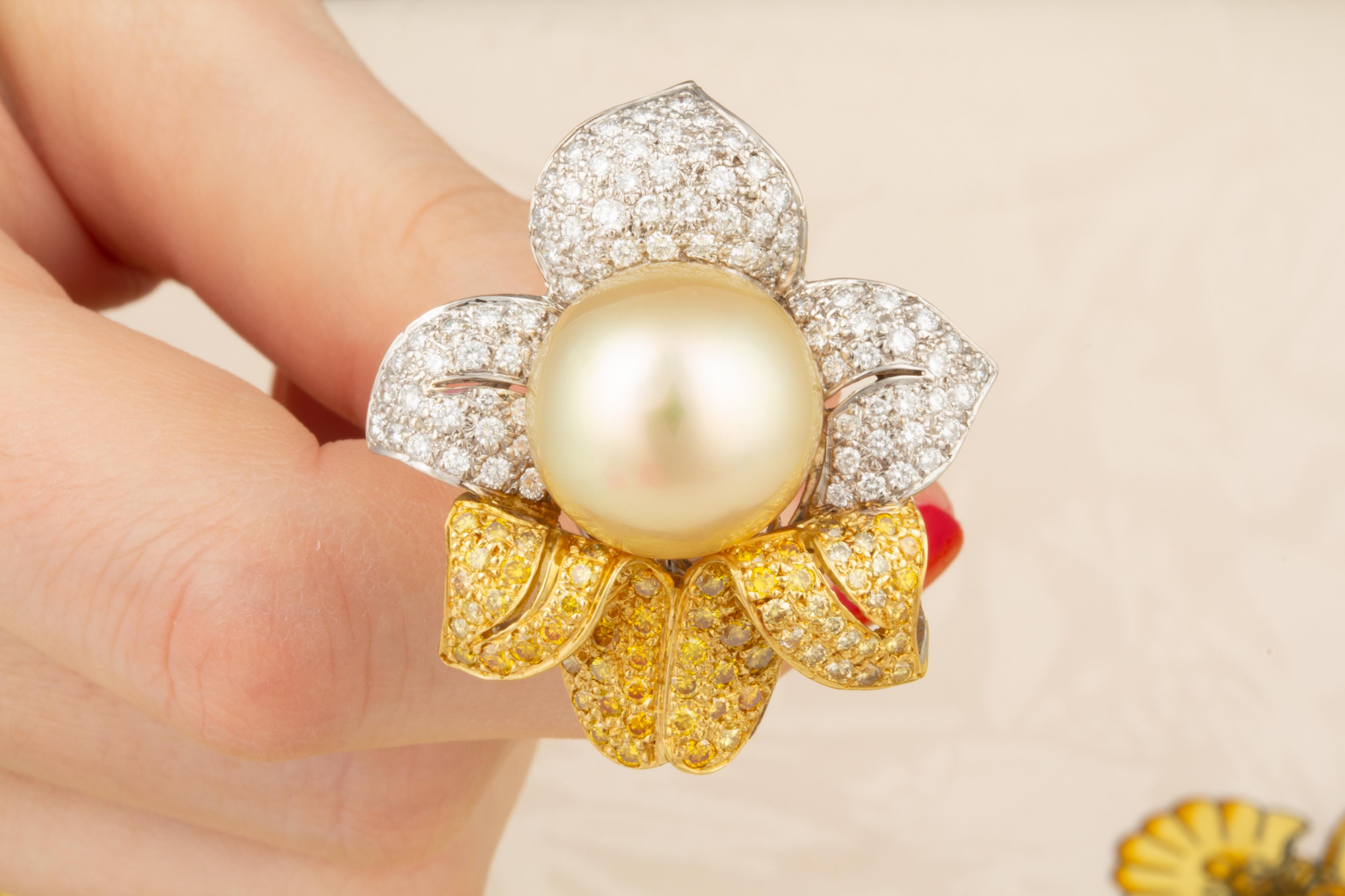 Ella Gafter South Sea Pearl Diamond Flower Earrings For Sale 2