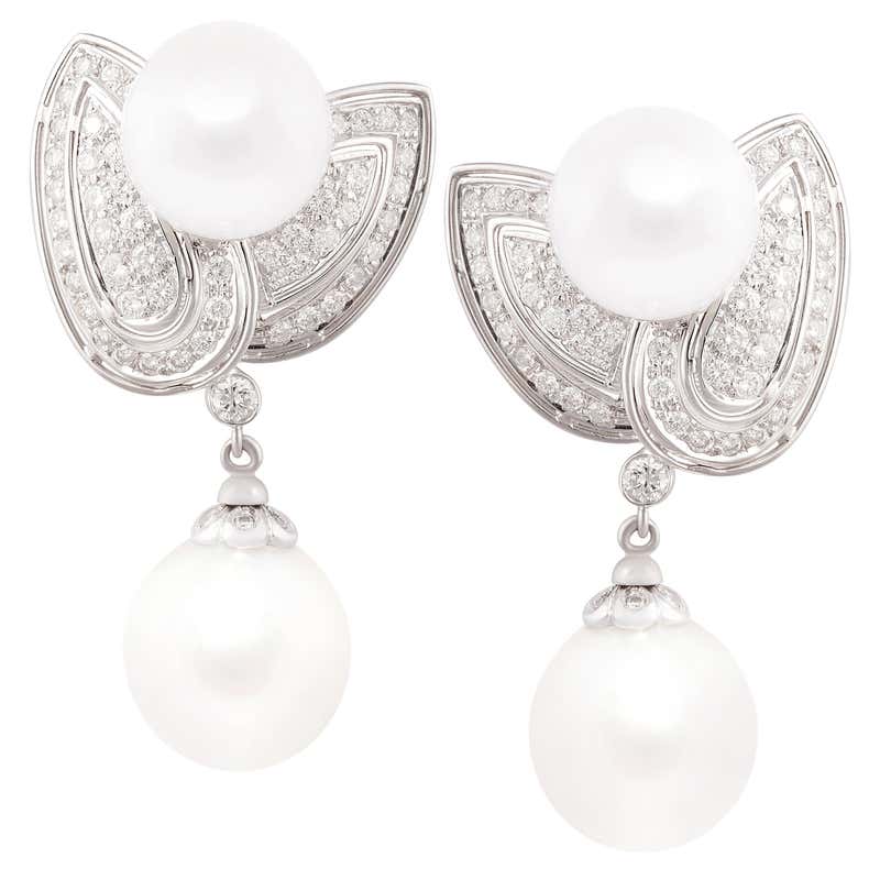 Ella Gafter White South Sea Pearl and Diamond Earrings White Gold Bow ...