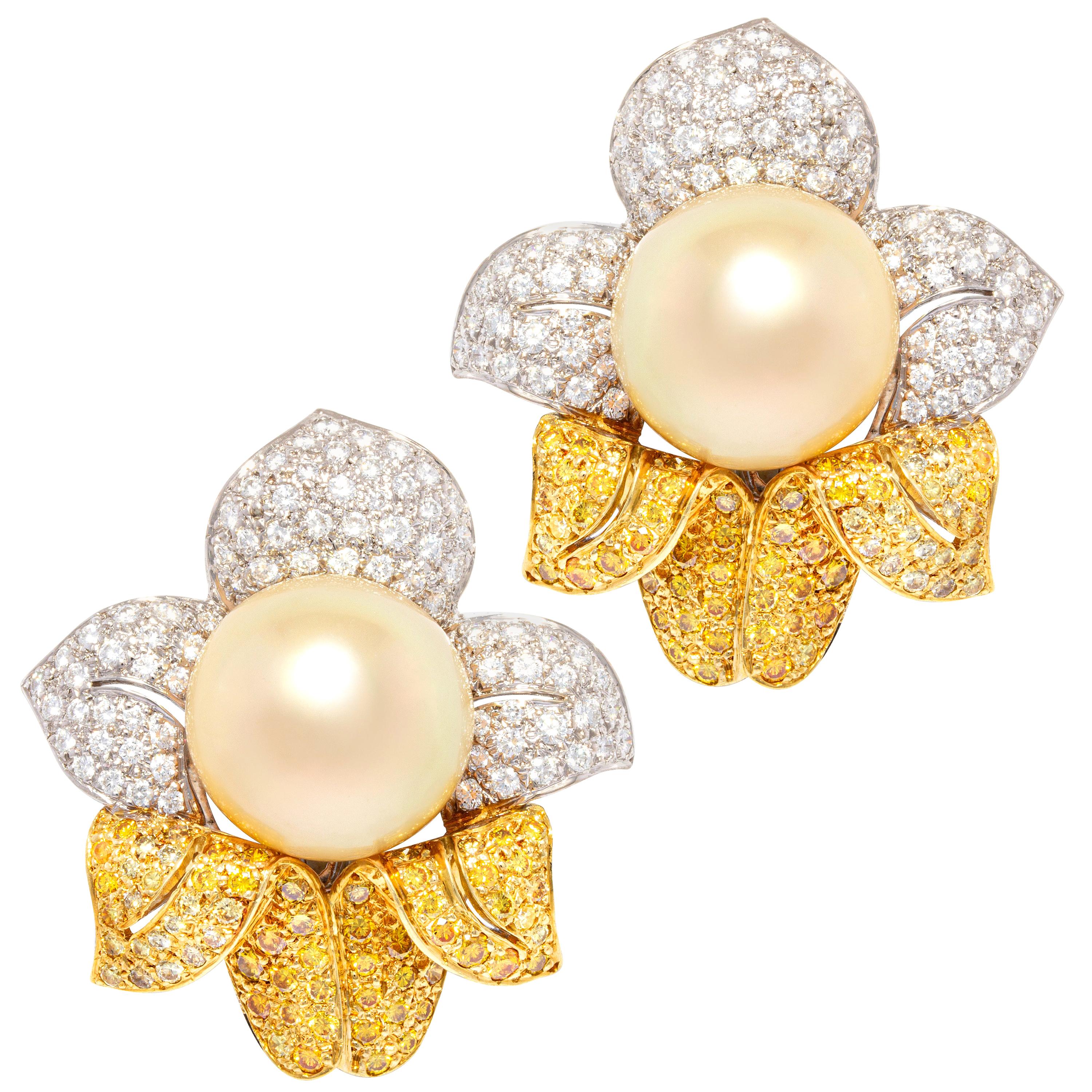 Ella Gafter South Sea Pearl Diamond Flower Earrings For Sale