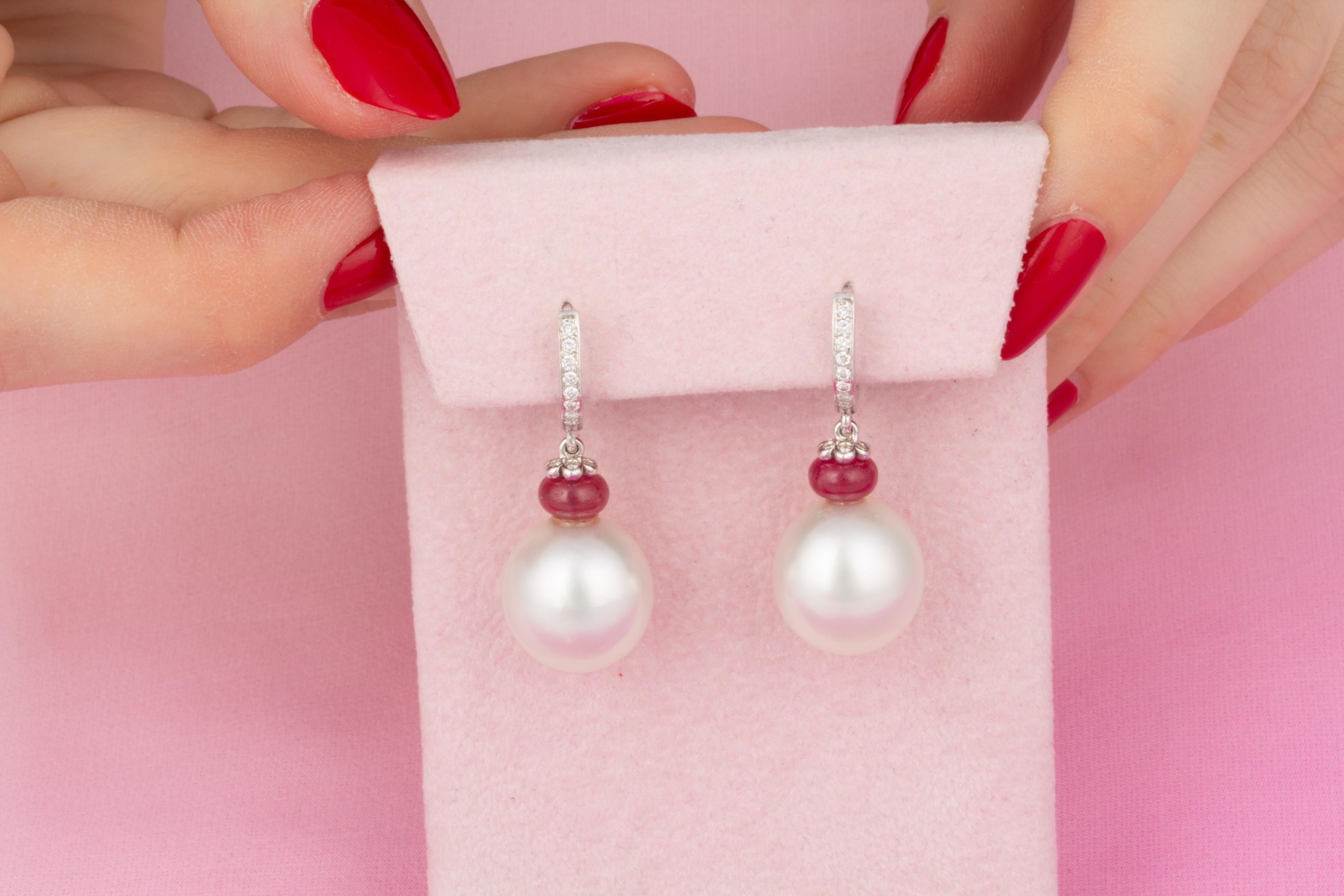 Brilliant Cut Ella Gafter South Sea Pearl Diamond Ruby Hoop Earrings  For Sale