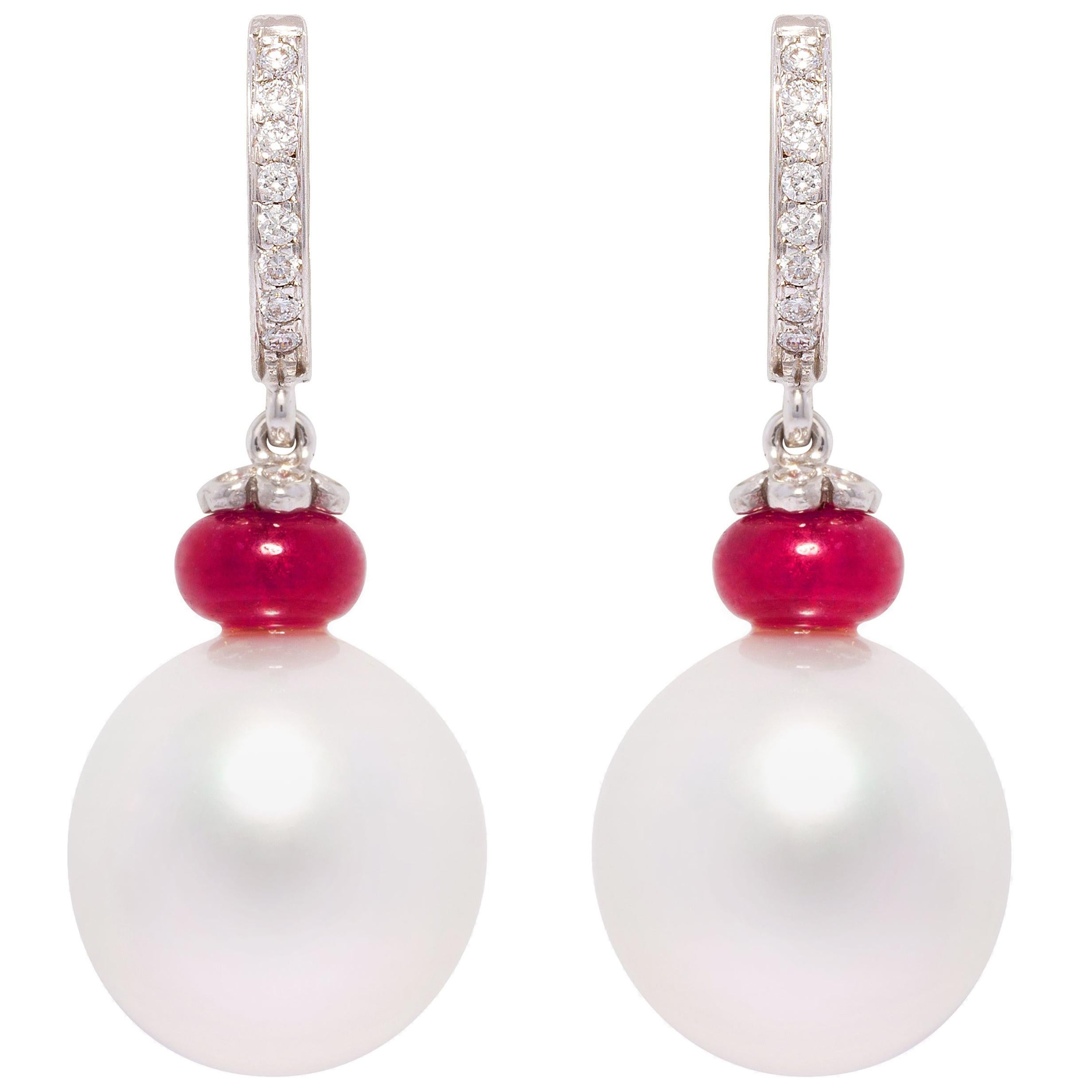 Ella Gafter South Sea Pearl Diamond Ruby Hoop Earrings  For Sale