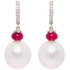 Ella Gafter South Sea Pearl Diamond Ruby Earrings 