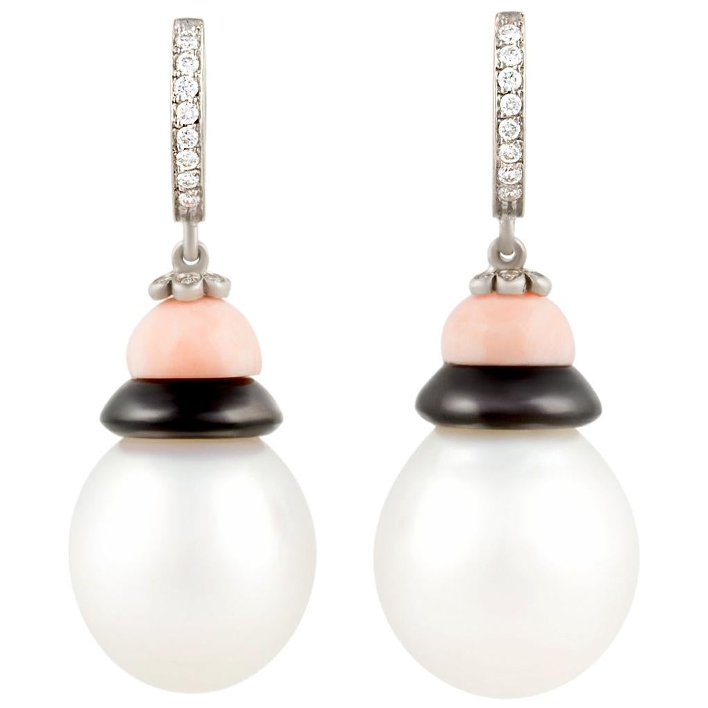 Ella Gafter Art Déco style 16mm South Sea Pearl Diamond Earrings 