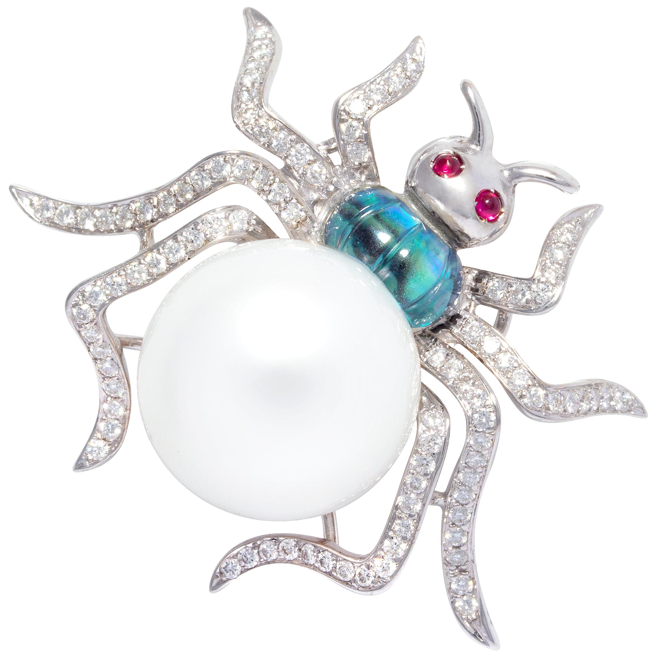Spider Brooch Pin with Pearl and Diamonds Design by Ella Gafter For Sale